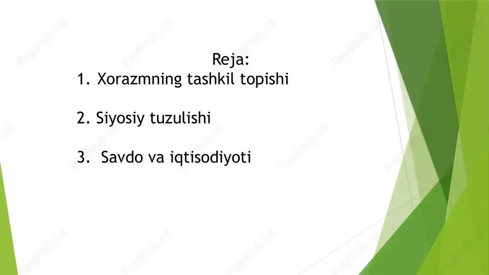 osiy va madaniy markazga aylangan. keyinchalik shayboniylar sulolasi hukmronligi ostida xorazm siyosiy jihatdan mustahkamlangan. xiva xonligi xorazm hududida tashkil topgan. bu davrda me’moriy yodgorliklar, xususan, ichan-qal’a va ko‘hna ark qurilgan. xonlik mustaqil bo‘lib, o‘ziga xos boshqaruv tizimiga ega edi. 1873-yilda xiva xonligi rossiya imperiyasi tarkibiga kirdi. bu davrda hudud iqtisodiy va madaniy jihatdan o‘zgarishlarga yuz tutdi. siyosiy tuzulishi qadimgi xorazm davlati mustahkam siyosiy tuzilishga ega bo‘lib, markazlashgan boshqaruv tizimi bilan ajralib turgan. davlat boshqaruvi qabila boshliqlari va hukmdorlar tomonidan amalga oshirilgan. monarxiya boshqaruvi - davlatning boshida "shoh" yoki "xorazmshoh" unvoniga ega hukmdor turgan. davlat turli hududlarga bo‘lingan bo‘lib, ularni mahalliy boshqaruvchilar – noiblar yoki hokimlar boshqargan. boshqaruvda markaziy va mahalliy organlar uyg‘unlikda ishlagan. qadimgi xorazmning siyosiy tuzilishi kuchli markazlashuvga asoslangan bo‘lib, davlatni barqaror boshqarish va rivojlantirishga xizmat qilgan. shohning oliy hokimiyati, maslahatchilar tizimi va viloyat boshqaruvi davlatning mustahkamligini ta’minlagan. ijtimoiy hayot tarzi xorazmshohlar davlati tashkil topdi. bu davrda xorazm iqtisodiy …