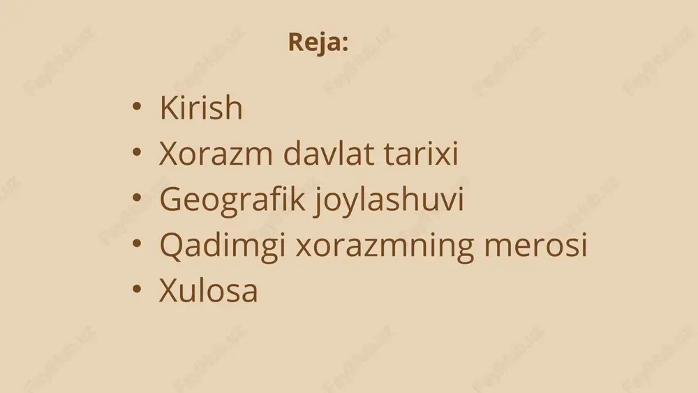ilgan-qal’a kabi shaharlar va qal’alar xorazmning boy arxitekturasidan dalolat beradi. arxeologik yodgorliklar 1. qo‘yqirilgan-qal’a – qadimgi xorazm poytaxti bo‘lgan va kuchli mudofaa devorlari bilan mashhur. 2. tuproqqal’a – bu yodgorlik xorazmning madaniy va diniy markazlaridan biri bo‘lib, saroy va ibodatxonalarni o‘z ichiga oladi. 3. qizil-qal’a – xorazmning mustahkam istehkomlaridan biri. qo‘yqirilgan-qal’a (inglizcha: koy-krylgan kala) – qadimgi xorazm davlati madaniyati va tarixining muhim yodgorliklaridan biri bo‘lib, miloddan avvalgi iv asr va milodiy iv asrlarga oid. bu qal’a xorazmning diniy va astronomik markazlaridan biri bo‘lgani haqida dalillar mavjud. arxitektura va tuzilishi qo‘yqirilgan-qal’a dumaloq shakldagi mustahkam qal’a bo‘lib, ichki va tashqi devorlar bilan o‘ralgan. markaziy qismi: bu yerda diniy ibodatxona va astronomik kuzatuv uchun ishlatilgan bino bo‘lgan. mudofaa tizimi: qal’a atrofida chuqur xandaq va yuqori devorlar qurilgan. bu uni dushman hujumlaridan himoya qilish uchun mo‘ljallangan. qõyqirilganqal'a tuproqqal’a – qadimgi xorazm davlatining yirik me’moriy va madaniy yodgorliklaridan biri bo‘lib, miloddan avvalgi ii asrda qurilgan …