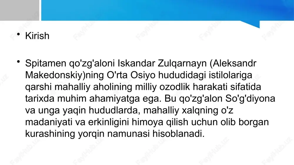politimet (zarafshon)ning quyi oqimidagi yerlarga chekingan bu yerda koʻchmanchilarning otliq qoʻshinlari bilan birlashib hujumga oʻtadi. toʻsatdan qilingan hujum natijasida yunonmakedon qoʻshinining katta kismi qirib tashlangan, qolganqutganlari esa shahar qalʼasiga yashiringan. spitamen yana marokandani qamal qilgan. aleksandr spitamenga qarshi andromax, menedem va karan boshchiligida otliq va piyoda qoʻshin yuborgan. spitamen bundan xabar topib oʻrmon orasidan oʻtadigan yoʻlga pistirma qoʻyib, ularga toʻsatdan hujum qilgan. u mazkur jangda oʻzgacha harbiy usul qoʻllagan har bir otga 2 tadan jangchi mindirilgan. ular dushmanga 2 tomondan zarba berar, biri nayza, qilich yoki kamon bilan hamla qilsa, 2si tosh bilan urib, yovning boshini majaqlar edi. bu jangda dushman katta talafot koʻrgan. shundan keyin spitamenga qarshi aleksandr asosiy kuchlari bilan otlangan, spitamen choʻl ichkarisiga chekingan. aleksandr uni taʼqib etmagan, lekin zarafshon vohasining tinch aholisidan qattiq oʻch olgan (120 ming kishi qirib tashlangan), shahar, qishloqlarni vayron qilgan, ekinlar, bogʻlarni yondirgan. aleksandr sugʻdiyonadagi bir necha qalʼa va poytaxt marokandada katta …