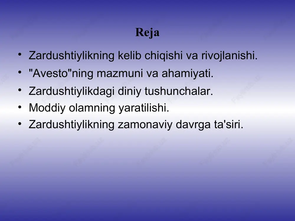 diradi. miloddan avvalgi 1-mingyillik boshlarida tarqoq qabilalarni bosqinchilarga qarshi birlashtirish zaruriyati tug`ildi. zardusht o`z ta`limotida qabilalarni birlashtirishga chorladi. zardushtiylarning eng muqaddas sanalgan ilohlari ahuramazda, mitra, anaxita bo`lgan. ahuramazda buyuk va mutafakkur iloh, zardo`shtning homiysi bo`lgan. mitra quyosh va yorug`lik xudosi, dehqonlar va chorvadorlar himoyachisi, hosil, ma`murchilik va to`kin-sochinchilikni ta`minlovchi bo`lgan. u ahuramazda bilan odamlar o`rtasidagi asosiy vositachi edi. mitra jangchi yigit qiyofasida tasvirlangan. olovli chaqmoqlar yordamida yovuzlik va o`lim hudosi ahrimanga qarshi kurashgan. yomg`irdan keyin paydo bo`ladigan kamalakka mitraning kamoni, o`q otuvchi yoyi deb sig`inganlar. hosildorlik va suv ilohasi deb anahita-nohidni tushunganlar. ular yana baxt va boylik ilohasi humoga sig`inganlar. humo ko`zga ko`rinmaydigan qush. uni jannat qushi deb hisoblaganlar. "avesto" matnlarini o`qish imkoniyatiga egamiz. uning ayrim qisimlarini frantsuz olimi a.dyuperron tarjima qilishga muvaffaq bo`lgan. tadqiqotchi olim meri boys ko`p yillar davomida hindistondagi zardushtiylik jamoalari hayoti va urf-odatlarini o`rgangandi. bu haqida u o`zining "zardushtiylar. e`tiqodlari va urf-odatlari" kitobida hikoya qilgan. zardusht …