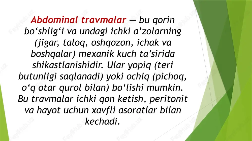 ravmasida — o‘ng qovurg‘a ostida og‘riq, gemoperitoneum. taloq travmasida — chap qovurg‘a osti og‘ridi, kerr belgisi (chap yelkaga og‘riq). oshqozon yoki ichak teshilishida — peritonit, qorin shishishi, erkin havo belgisi. oshqozon osti bezi travmasida — orqa sohada og‘riq, ko‘ngil aynish, qusish. jigar travmasi jigar travmasi — bu jigar to‘qimasi va uning tomirlarining mexanik shikastlanishi bo‘lib, ichki qon ketish va hayot uchun xavfli asoratlar bilan kechadi. u yopiq (zarba, siqilish) yoki ochiq (pichoq, o‘q yarasi) shaklda bo‘lishi mumkin. klinik manzara: o‘ng qovurg‘a ostida kuchli og‘riq. nafas olishda og‘riq kuchayadi. teri oqaradi, puls tez, qon bosimi pasayadi (ichki qon ketish). qorin shishishi, mushaklarning himoya spazmi. peritonit belgisi kechikkan holda rivojlanadi. qon ketish davom etsa — shok holati paydo bo‘ladi. taloq travmasi taloq travmasi — bu taloq to‘qimasi, kapsulasi yoki tomirlarining mexanik shikastlanishi bo‘lib, ichki qon ketish va gemoperitoneum bilan kechadigan og‘ir holatdir. u yopiq (ko‘krak qafasi yoki qorin chap tomoni zarbasi) yoki …