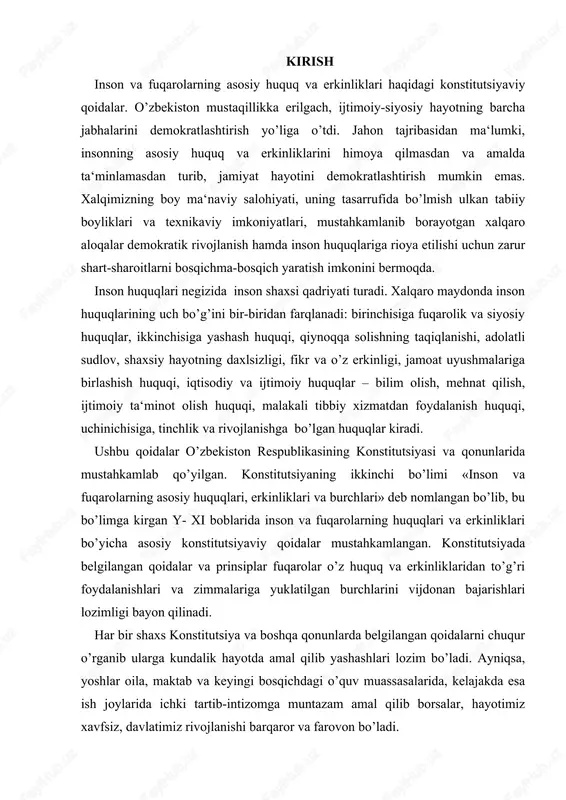 olar o’z huquq va erkinliklaridan to’g’ri foydalanishlari va zimmalariga yuklatilgan burchlarini vijdonan bajarishlari lozimligi bayon qilinadi. har bir shaxs konstitutsiya va boshqa qonunlarda belgilangan qoidalarni chuqur o’rganib ularga kundalik hayotda amal qilib yashashlari lozim bo’ladi. ayniqsa, yoshlar oila, maktab va keyingi bosqichdagi o’quv muassasalarida, kelajakda esa ish joylarida ichki tartib-intizomga muntazam amal qilib borsalar, hayotimiz xavfsiz, davlatimiz rivojlanishi barqaror va farovon bo’ladi. konstitutsiyamizda mustahkamlangan inson huquqlari sohasidagi yana bir muhim qoida – bu ijtimoiy adolat prinsipining qaror topishiga qaratilgan qoidadir. konstitutsiyaning 14-moddasida «davlat o’z faoliyatini inson va jamiyat farovonligini ko’zlab, ijtimoiy adolat va qonuniylik prinsiplari asosida amalga oshiradi» degan qoida mustahkamlangan. shu bois ham insonga munosib hayot tarzini ta‘minlash umumdavlat siyosati darajasiga ko’tarilgandir. o’zbekiston ijtimoiy adolatga asoslangan davlatdir. davlatimizning rivojlanish yo’lini belgilab bergan besh tamoyildan bittasi aholini kuchli ijtimoiy himoya qilishdan iborat ekanligi ham bejiz emas. unga ko’ra bugungi kunda aholining .eng nochor qatlamlari – nogironlar, ko’p bolali oilalar, yetim-esirlar, …