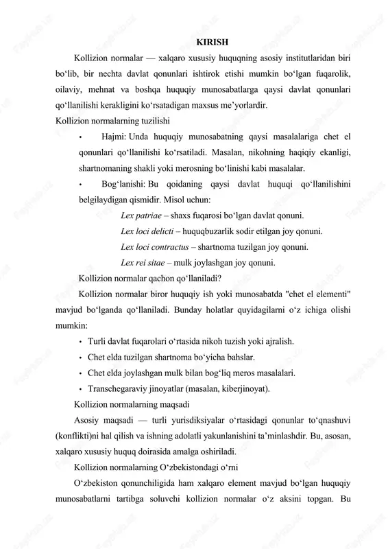 an. bu normativ-huquqiy hujjatlar, xususan, fuqarolik kodeksi, oila kodeksi va xalqaro shartnomalarda koʻrsatib oʻtilgan. misol uchun, agar oʻzbekiston fuqarosi xorijlik bilan nikohdan oʻtayotgan boʻlsa, nikohni qaysi davlat qonunlari asosida rasmiylashtirish masalasi kollizion normalar yordamida hal qilinadi. bu jarayonda har bir davlatning oilaviy munosabatlariga oid qonunlari inobatga olinadi. kollizion normalarning mohiyati va maqsadi. bu yerda kollizion normalarning nima uchun kerakligi, uning xalqaro xususiy huquqdagi o‘rni, turli davlatlar qonunlari o‘rtasidagi ziddiyatni hal qilish vazifasi tushuntiriladi. mavzu bo‘yicha kirish qismi sifatida ham xizmat qiladi. kollizion normalarning tuzilishi. har bir kollizion normasi ikki qismdan: "hajm" (ya'ni, qanday munosabatga taalluqli ekanligi) va "bog‘lanish" (qaysi davlat qonuni qo‘llanishini belgilovchi qism) qismlardan iborat ekanligi tushuntiriladi. misollar keltiriladi (masalan, lex patriae, lex loci contractus). kollizion normalarning turlari va qo‘llanilish sohalari. kollizion normalarning har xil turlari (bir tomonlama, ikki tomonlama, alternativ) hamda ular qo‘llaniladigan turli sohalar (masalan, oilaviy, meros, shartnoma, mulk huquqi) haqida ma’lumot beriladi. kollizion normalarni qo‘llashdagi muammolar …