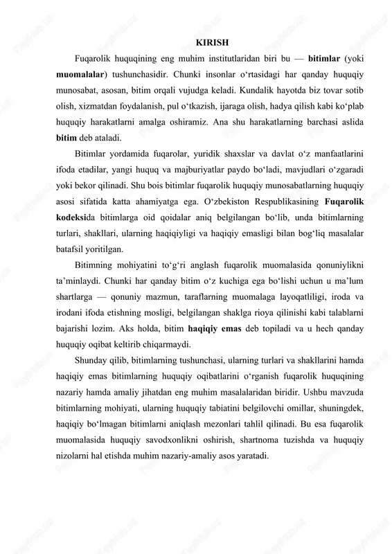 ilinadi. bu esa fuqarolik muomalasida huquqiy savodxonlikni oshirish, shartnoma tuzishda va huquqiy nizolarni hal etishda muhim nazariy-amaliy asos yaratadi. 1. bitimlar tushunchasi va turlari bitimlar deb fuqarolar va yuridik shaxslarning fuqarolik huquq va burchlarini belgilash, o`zgartirish va bekor qilishga qaratilgan harakatlarga aytiladi (fkning 101-moddasi). har qanday bitim shaxslarning erki-irodasi bilan bog`liq bo`lib, muayyan huquqiy oqibat tug`dirishga qaratiladi. bitimda fuqaro va tashkilotlarning ma'lum moddiy hamda madaniy ehtiyojlarini qondirishga qaratilgan erklari ifodalanadi. bitim shaxslarning erki bilan bog`liq bo`lgan, ularning irodasidan kelib chiqadigan harakat bo`lganligi tufayli bitimda ifodalangan erk izhor qilinishi, ya'ni boshqa shaxslarga bildirilishi lozim. bitim tuzish natijasida muayyan huquqiy oqibat tug`dirish uchun bitim tuzuvchi shaxslar bitimda o`z erklarini ifodalashdan tashqari muayyan harakatni qilishlari lozim bo`ladi. bu harakat shart qilingan ishni bajarishga, ma'lum mulkni topshirishga yoki ma'lum pulni to`lashga qaratilgan bo`lishi mumkin. fuqarolik huquqlari va majburiyatlarini vujudga keltirish, o`zgartirish yoki bekor qilishga qaratilgan holatlar sifatida yuridik fakt tarkibiga kiradigan bitimlar boshqa yuridik …