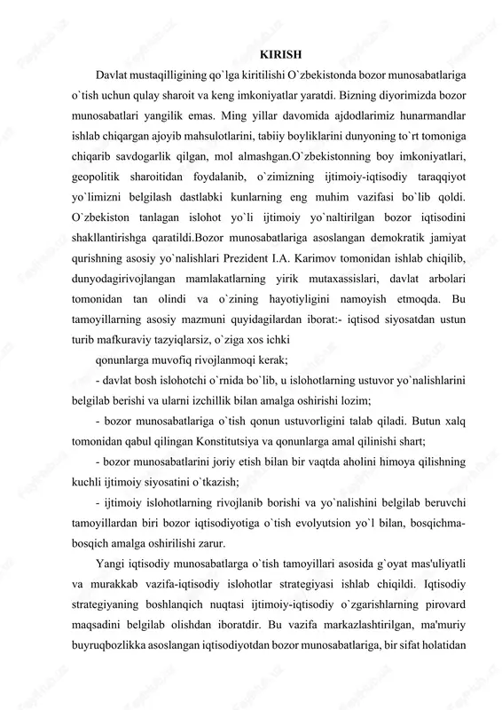 evolyutsion yo`l bilan, bosqichma-bosqich amalga oshirilishi zarur. yangi iqtisodiy munosabatlarga o`tish tamoyillari asosida g`oyat mas'uliyatli va murakkab vazifa-iqtisodiy islohotlar strategiyasi ishlab chiqildi. iqtisodiy strategiyaning boshlanqich nuqtasi ijtimoiy-iqtisodiy o`zgarishlarning pirovard maqsadini belgilab olishdan iboratdir. bu vazifa markazlashtirilgan, ma'muriy buyruqbozlikka asoslangan iqtisodiyotdan bozor munosabatlariga, bir sifat holatidan ikkinchi sifat holatiga o`tishdan iboratdir. bozor munosabati bu jihatdan klassik kapitalistik va sotsialistik iqtisodiy tizimdan farq qiladi.bozor islohotlarini amalga oshirish dasturiga ko`ra ustuvor vazifalar bosqichma-bosqich hal qilinadi.birinchi bosqichda totalitar tizimdan hozirgi zamon bozor munosabatlariga o`tish davridagi bir-biriga boqliq ikki vazifani bir vaqtda hal qilishga to`qri keldi: ma'muriy buyruqbozlik tizimning oqir oqibatlarini tugatib, iqtisodni barqarorlashtirish va bozor munosabatlarining negizini shakllantirish. bu bosqich jarayonida iqtisodiy islohotning g`oyat muhim yo`nalishlari o`zbekiston prezidenti tomonidan belgilab berildi: - o`tish jarayonining huquqiy asoslarini shakllantirish, islohotlarning qonuniy-huquqiy bazasini mustahkamlash va rivojlantirish; - qishloq xo`jaligida mulkchilikning yangi shakllarini vujudga keltirish; - ishlab chiqarishning pasayib borishiga barham berish. iqtisodiy islohotlarni huquqiy asoslovchi qonun-qoidalar yuridik …