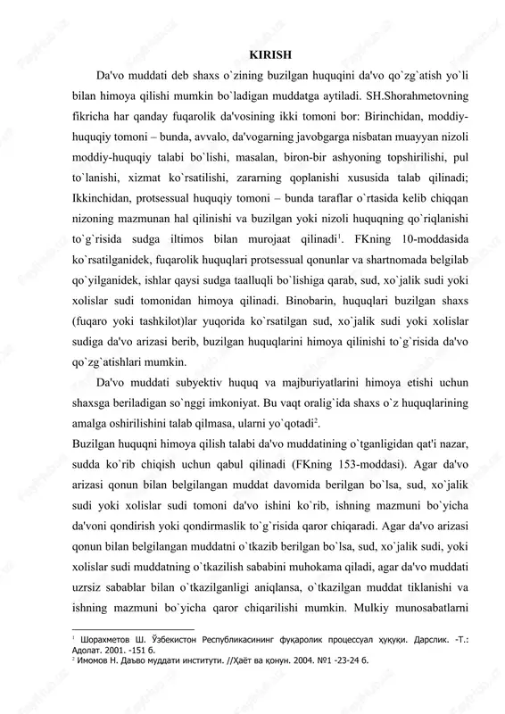 ik to`g`risida qaror chiqaradi. agar da'vo arizasi qonun bilan belgilangan muddatni o`tkazib berilgan bo`lsa, sud, xo`jalik sudi, yoki xolislar sudi muddatning o`tkazilish sababini muhokama qiladi, agar da'vo muddati uzrsiz sabablar bilan o`tkazilganligi aniqlansa, o`tkazilgan muddat tiklanishi va ishning mazmuni bo`yicha qaror chiqarilishi mumkin. mulkiy munosabatlarni tartibga solishda da'vo muddatlari qonun bilan belgilanishi muhim ahamiyatga ega. da'vo muddatining belgilanishi fuqarolik huquqiy munosabatlarni mustahkamlashga, qarzning undirilishi, majburiyatning bajarilishi to`g`risidagi talablar o`z vaqtida bajarilishini ta'minlashga, tashkilotlar o`rtasidagi hisob-kitoblar qilinishini tezlatishga, shartnoma va moliya intizomiga rioya etilishini ta'minlashga, xo`jalik hisobini mustahkamlashga yordam beradi. da'vo muddatlarining belgilanishi fuqarolar o`rtasidagi huquqiy munosabatlarni mustahkamlash uchun ham katta ahamiyatga ega. mu'lumki, da'voni belgilangan muddatda to`g`ri hal qilish uchun fuqarolik ishi yuzasidan dalillar to`plash va ularni chuqur tekshirish lozim. ammo nizoli huquqiy munosabat vujudga kelgan paytdan boshlab uzoq muddat o`tgan bo`lsa, dalillarni to`plash ancha qiyinlashadi. chunki ishning sudda ko`rilishi vaqtida ba'zi guvohlarning bo`lmasligi (ko`chib ketgan, vafot etgan bo`lishi), ba'zilari …