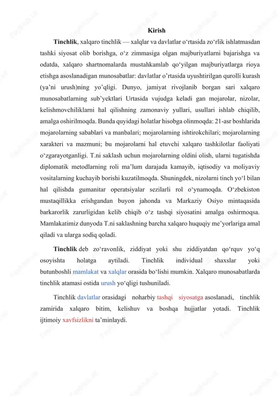 osabatlarda tinchlik atamasi ostida urush yoʻqligi tushuniladi. tinchlik davlatlar orasidagi noharbiy tashqi siyosatga asoslanadi, tinchlik zamirida xalqaro bitim, kelishuv va boshqa hujjatlar yotadi. tinchlik ijtimoiy xavfsizlikni taʼminlaydi. 1.1. markaziy osiyo mintaqasida xavfsizlik muammolarining ijtimoiy-siyosiy xususiyatlari o’tmishda turonzamin – movaraunnahr – turkiston – o’rta osiyo va qozog’iston, xozirda esa markaziy osiyo deb nom olgan bu ulkan xududda 5 mustaqil davlat mavjud bo’lib, ular o’zbekiston, qozog’iston, qirg’iziston, tojikiston va turkmaniston davlatlaridir. ularning xududi 4,4 mln kv. km aholisi 55 mln dan ortiqdir.1 bu davlatlarda yuzdan ortiq millat va elat vakillari istiqomat qilmoqda. ularning dini, tili, dili, suvi, havosi bir va yeri tutash, madaniyati, urf-odatlari, an’analari bir-biriga yaqin. ular nafaqat qo’shni balki qon qardosh bo’lib ketgan. markaziy osiyo kuchli iqtisodiy potensialga ega bo’lgan mintaqa. katta miqdorda ishchi kuchi, suv-energetika, transport-kommunikatsiyasi va yer resurslariga, tabiiy boylikka ega bo’lgan, sharq bilan g’arbni bog’lovchi “buyuk ipak yo’li” ustida joylashgan va geostrategik jihatdan katta qulaylikka ega bo’lgan …