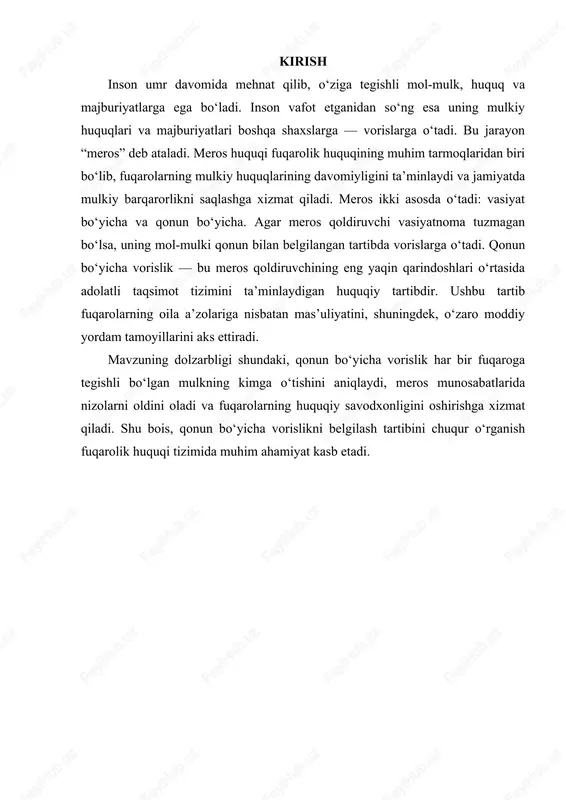 -mulk” (fkning 1153-moddasi)dan foydalanishini ham hisobga olish lozim. bunda atamashunoslikdagi “xilma-xillik”da ularning bir-biridan aniq farqlarini belgilash va tadqiq etilayotgan institutning terminlari aniqlab olish lozimki, shu sababli sivilistikadagi alohida kategoriya sifatida “meros” atamasining huquqiy mohiyati va mazmunini aniqlashga e’tibor qaratamiz. xususan, a.p.sergeyev va y.k.tolstoylar tomonidan bu atamaga nisbatan umumiy ta’rif beriladi va ularning fikricha “meros deganda meros qoldiruvchining vafotidan keyin uning merosxo‘rlariga huquqiy vorislik tartibida o‘tadigan narsalar tushuniladi”1 . ushbu atama e.b.eydinova tomonidan kengroq yoritiladi: “meros tarkibi – meros qoldiruvchiga qonuniy asoslarga ko‘ra tegishli bo‘lgan va uning vafotidan keyin vorislik huquqi asosida merosxo‘rlarga o‘tadigan meros qoldiruvchining mulkiy va ayrim shaxsiy nomulkiy huquqlari va majburiyatlaridir”2 . n.s.kirillova meros aktivlar va passivlardan iborat bo‘ladi, degan xulosaga keladi. “aktiv – merosxo‘r “toza ko‘rinishda”, ya’ni qandaydir cheklashlardan xoli holda oladigan meros ochilishi vaqtida meros qoldiruvchiga tegishli bo‘lgan molmulk, mulkiy huquqlar yig‘inidisi; passiv – meros qoldiruvchining qarzlari. merosning cheklashlari sifatida muallif vasiyat majburiyatidagi majburiyat va meros …