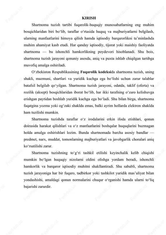 amaldagi qonun normalarini chuqur o‘rganishi hamda ularni to‘liq bajarishi zarurdir. 1. ishga qabul qilinishining g’ayriqonuniy ravishda rad etilishining taqiqlanishi. 1992 yilgi o`zbekiston respublikasi konstituttsiyasining 37- moddasiga muvofiq, har bir shaxs mehnat qilish, erkin kasb tanlash, adolatli mehnat sharoitlarida ishlash huquqiga egadir. respublikada qonun asosida belgilangan ishga qabul qilishning aniq va etarlicha harakatchan tartibi ushbu konstitutsion huquq amalga oshirilishining ishonchli kafolati hisoblanadi. mehnat to`g’risidagi qonunlarda ikki atama foydalaniladi: ishga qabul qilish va mehnat shartnomasi tuzish. shuni ta`kidlash ham zarurki, mazkur atamalardan ikkinchisi ham keng ma`noda, ham tor ma`noda qo`llanilishi mumkin. so`zning keng ma`nosida mehnat shartnomasi tuzish, ishga qabul qilish tushunchasiga tengdir. ushbu atama mehnat shartnomasi 6- bobining ikkinchi paragrafi nomida aynan shu ma`noda foydalaniladi. so`zning tor ma`nosida mehnat shartnomasi tuzish deganda xodim bilan ish beruvchi o`rtasida shartnoma shartlari bo`yicha va uni zarur tartibda rasmiylashtirish bo`yicha kelishuvga erishish nazarda tutiladi. bu atama ishga qabul qilishning bosqichlaridan birini anglatish uchun mana shunday ma`noda …
