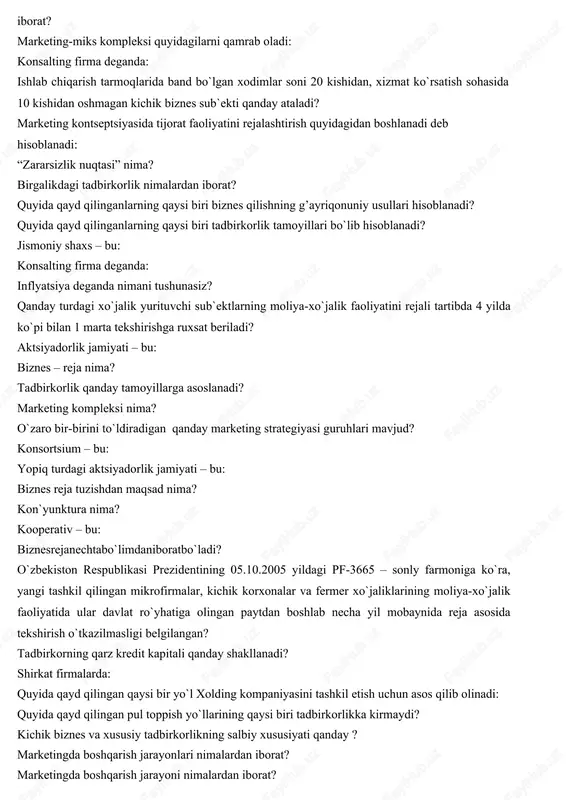 anday tartibda amalga oshiriladi? o`zbekiston respublikasi vazirlar mahkamasining 05.11.2005 yildagi 242 – sonly qarori bilan tasdiqlangan “ulgurji savdo faoliyatini litsenziyalash to`g’risida”gi nizomiga asosan ulgurji savdoga litsenziya berilganligi uchun qancha miqdorda davlat boji undiriladi? joylarga chiqib tadbirkorlik sub`ektlarining moliya-xo`jalik faoliyatini tekshirish (taftish qilish) qaysi nazorat qiluvchi idora tomonidan amalga oshiriladi? o`zbekiston respublikasining “oilaviy tadbirkorlik to`g`risida”gi qonunining maqsadi nimadan iborat? marketing-miks kompleksi quyidagilarni qamrab oladi: konsalting firma deganda: ishlab chiqarish tarmoqlarida band bo`lgan xodimlar soni 20 kishidan, xizmat ko`rsatish sohasida 10 kishidan oshmagan kichik biznes sub`ekti qanday ataladi? marketing kontseptsiyasida tijorat faoliyatini rejalashtirish quyidagidan boshlanadi deb hisoblanadi: “zararsizlik nuqtasi” nima? birgalikdagi tadbirkorlik nimalardan iborat? quyida qayd qilinganlarning qaysi biri biznes qilishning g’ayriqonuniy usullari hisoblanadi? quyida qayd qilinganlarning qaysi biri tadbirkorlik tamoyillari bo`lib hisoblanadi? jismoniy shaxs – bu: konsalting firma deganda: inflyatsiya deganda nimani tushunasiz? qanday turdagi xo`jalik yurituvchi sub`ektlarning moliya-xo`jalik faoliyatini rejali tartibda 4 yilda ko`pi bilan 1 marta tekshirishga ruxsat beriladi? …