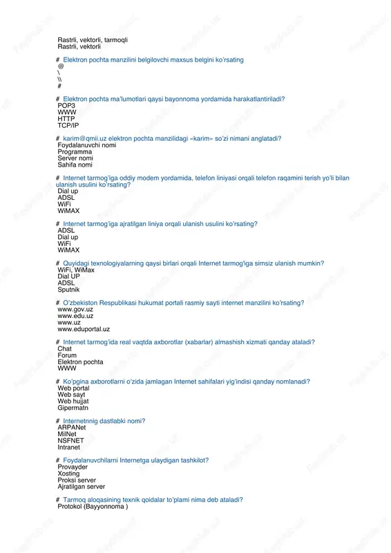 ioya etilishini ta’minlash elektron tijorat sohasidagi munosabatlarni tartibga solish telekommunikatsiyalarni yaratish, ishlatish va rivojlantirish sohasidagi ijtimoiy munosabatlarni tartibga solish # “elektron xujjat aylanishi to‘g‘risida”gi o‘zbekiston respublikasi qonunining asosiy maqsadi elektron xujjat aylanish sohasidagi munosabatlarni tartibga solish telekommunikatsiyalarni yaratish, ishlatish va rivojlantirish sohasidagi ijtimoiy munosabatlarni tartibga solish elektron tijorat sohasidagi munosabatlarni tartibga solish axborotlashtirish sohasidagi munosabatlarni tartibga solish # axborotlarni ekranda tasvirlash xususiyatiga ega bo’lgan qurilmani ko’rsating monitor klaviatura printer sichqoncha # axborotlarni kiritish qurilmasi qaysi hisoblanadi? klaviatura monitor printer sistema bloke # kompyuter grafikasi turlari qaysi javobda keltirilgan? rastrli, vektorli, fraktal vektorli, froktal rastrli, vektorli, tarmoqli rastrli, vektorli # elektron pochta manzilini belgilovchi maxsus belgini ko’rsating @ \ \\ # # elektron pochta ma’lumotlari qaysi bayonnoma yordamida harakatlantiriladi? pop3 www http tcp/ip # karim@qmii.uz elektron pochta manzilidagi «karim» so’zi nimani anglatadi? foydalanuvchi nomi programma server nomi sahifa nomi # internet tarmog’iga oddiy modem yordamida, telefon liniyasi orqali telefon raqamini terish …