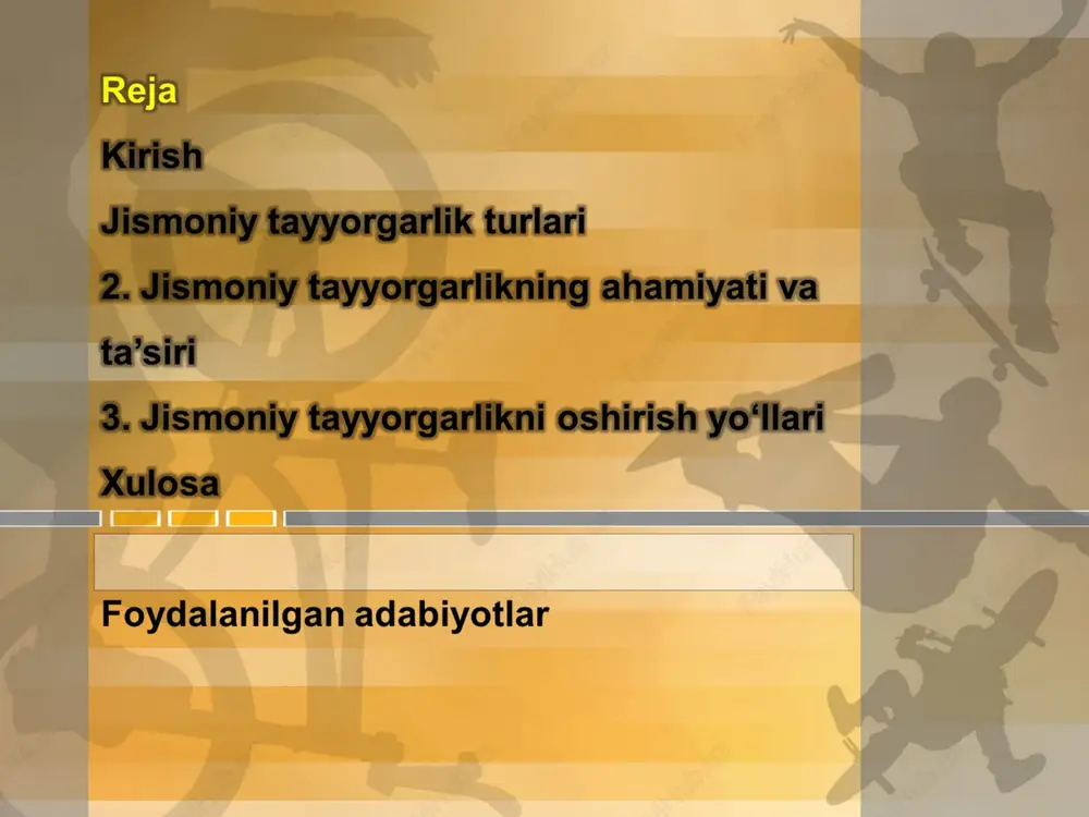 ik orqali odam oʻz tanasini mustahkamlab, kasalliklar xavfini kamaytiradi va uzoq umr koʻrish imkoniyatini oshiradi. jismoniy tayyorgarlikning aqliy va ruhiy holatga boʻlgan taʼsiri nafaqat qisqa muddatli kayfiyat oʻzgarishlari, balki uzoq muddatli psixologik barqarorlikni taʼminlashda namoyon boʻladi. mashqlar vaqtida miyada serotonin va dopamin kabi neyrotransmitterlar faollashadi, bu esa depressiya va tashvishni kamaytiradi. ilmiy tadqiqotlar shuni tasdiqlaydiki, haftasiga uch marta 30 daqiqalik aerobik mashqlar depressiya alomatlarini 20-30 foizga yengillashtirishi mumkin. aqliy va ruhiy holatga ijobiy ta’siri jismoniy tayyorgarlikni oshirish yo‘llari texnologiyalardan foydalanish bo‘yicha quyidagi rejalar ajralib turadi: xulosa jismoniy tayyorgarlikni oshirish yo‘llari – maktab va oliy ta’limdagi tashkiliy mashg‘ulotlar, mustaqil mashqlar va zamonaviy texnologiyalar – birgalikda ishlaganda eng yuqori samarani beradi. har bir yo‘nalishning o‘ziga xos afzalliklari bor: tashkiliy mashg‘ulotlar jamiyatni birlashtiradi, mustaqil mashqlar shaxsiy mas’uliyatni oshiradi, texnologiyalar esa moslashuvchanlikni ta’minlaydi. chuqur tahlil natijasida shuni aytish mumkinki, bu yondashuvlarning integratsiyasi orqali talabalar orasida salomatlik ko‘rsatkichlari 30-50 foizga yaxshilanishi mumkin, bu esa jamiyatning …