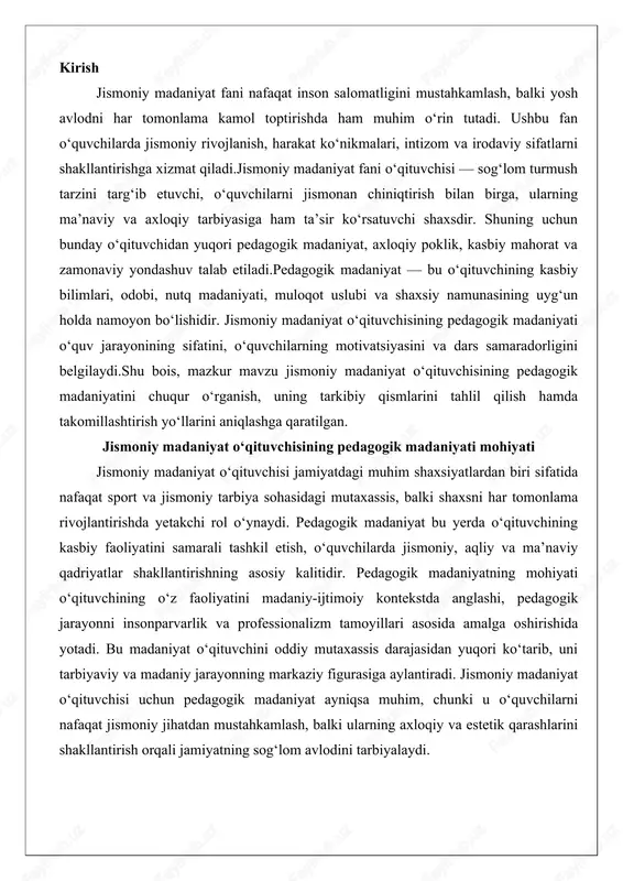 pedagogik jarayonni insonparvarlik va professionalizm tamoyillari asosida amalga oshirishida yotadi. bu madaniyat o‘qituvchini oddiy mutaxassis darajasidan yuqori ko‘tarib, uni tarbiyaviy va madaniy jarayonning markaziy figurasiga aylantiradi. jismoniy madaniyat o‘qituvchisi uchun pedagogik madaniyat ayniqsa muhim, chunki u o‘quvchilarni nafaqat jismoniy jihatdan mustahkamlash, balki ularning axloqiy va estetik qarashlarini shakllantirish orqali jamiyatning sog‘lom avlodini tarbiyalaydi. pedagogik madaniyatning mazmuni va asosiy tarkibiy qismlari pedagogik madaniyatning mazmuni o‘qituvchining kasbiy faoliyatini madaniy va ijtimoiy qadriyatlar bilan boyitishda namoyon bo‘ladi. bu tushuncha o‘qituvchining pedagogik jarayonni nafaqat texnik jihatdan, balki insoniy va madaniy qadriyatlar asosida tashkil etish qobiliyatini ifodalaydi. pedagogik madaniyatning mazmuni quyidagi asosiy yo‘nalishlarda ochiladi: birinchidan, o‘qituvchining ilmiy-pedagogik bilimlari va ularni amaliyotda qo‘llash mahorati; ikkinchidan, pedagogik faoliyatning axloqiy-estetik tamoyillari; uchinchidan, ijodiy yondashuv va shaxsiy rivojlanishga intilish. bu mazmun o‘qituvchini zamonaviy ta’lim talablariga moslashtirib, uni o‘quvchilar uchun nafaqat bilim beruvchi, balki madaniy qadriyatlar tarbiyachisiga aylantiradi.pedagogik madaniyatning asosiy tarkibiy qismlari bir-biri bilan uzviy bog‘liq bo‘lib, o‘qituvchining kasbiy faoliyatini …