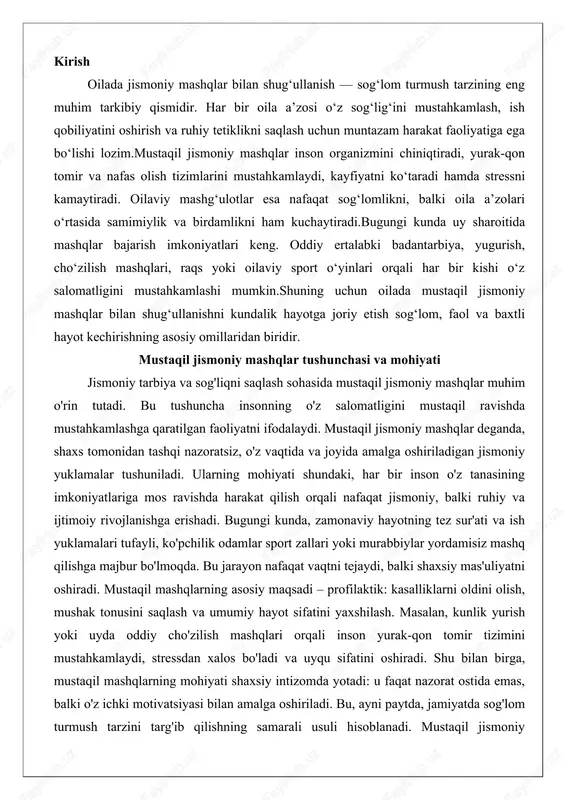 aqtni tejaydi, balki shaxsiy mas'uliyatni oshiradi. mustaqil mashqlarning asosiy maqsadi – profilaktik: kasalliklarni oldini olish, mushak tonusini saqlash va umumiy hayot sifatini yaxshilash. masalan, kunlik yurish yoki uyda oddiy cho'zilish mashqlari orqali inson yurak-qon tomir tizimini mustahkamlaydi, stressdan xalos bo'ladi va uyqu sifatini oshiradi. shu bilan birga, mustaqil mashqlarning mohiyati shaxsiy intizomda yotadi: u faqat nazorat ostida emas, balki o'z ichki motivatsiyasi bilan amalga oshiriladi. bu, ayni paytda, jamiyatda sog'lom turmush tarzini targ'ib qilishning samarali usuli hisoblanadi. mustaqil jismoniy mashqlarning samaradorligi ilmiy tadqiqotlar bilan tasdiqlangan bo'lib, ularning muntazam bajarilishi diabet, gipertoniya va semirish kabi kasalliklar xavfini 30-50 foizga kamaytirishi mumkin. shunday qilib, bu tushuncha nafaqat individual salomatlikni, balki oilaviy va ijtimoiy muvozanatni ta'minlashga xizmat qiladi. mustaqil mashqlar tushunchasi va turlari mustaqil mashqlar tushunchasi jismoniy tarbiya nazariyasida keng yoritilgan bo'lib, u shaxs tomonidan tashqi yordamsiz amalga oshiriladigan har qanday jismoniy faoliyatni qamrab oladi. bu tushuncha xix asr oxiridan boshlab, sport pedagogikasining …