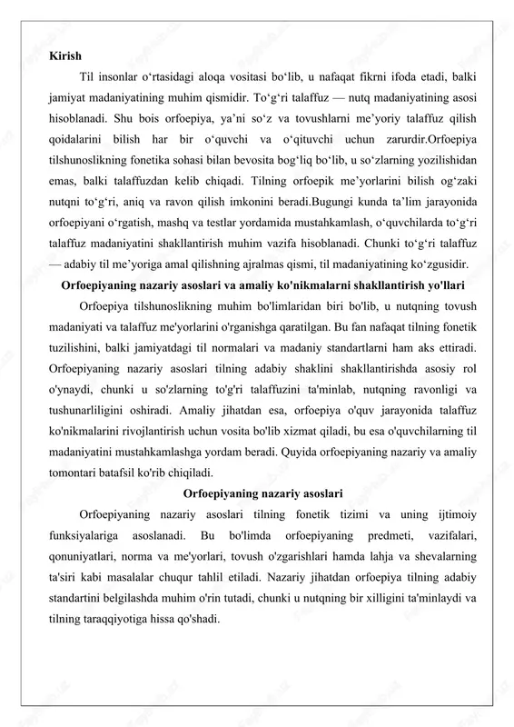 zimi va uning ijtimoiy funksiyalariga asoslanadi. bu bo'limda orfoepiyaning predmeti, vazifalari, qonuniyatlari, norma va me'yorlari, tovush o'zgarishlari hamda lahja va shevalarning ta'siri kabi masalalar chuqur tahlil etiladi. nazariy jihatdan orfoepiya tilning adabiy standartini belgilashda muhim o'rin tutadi, chunki u nutqning bir xilligini ta'minlaydi va tilning taraqqiyotiga hissa qo'shadi. orfoepiyaning predmeti, vazifalari va asosiy qonuniyatlari orfoepiyaning predmeti tilning adabiy talaffuz me'yorlarini o'rganishdan iborat. u nutqning fonetik jihatlarini, ya'ni so'zlarning tovush tarkibini, ularning birikishidagi o'zgarishlarni va ohangiy xususiyatlarni qamrab oladi. orfoepiya nafaqat individual talaffuzni, balki jamiyatdagi umumiy nutq madaniyatini ham tartibga soladi. masalan, o'zbek tilida orfoepiya unlilar va undoshlarning to'g'ri talaffuzini, shuningdek, urg'u va ohangni nazorat qiladi. bu predmet tilshunoslikning fonetika bo'limi bilan chambarchas bog'liq bo'lib, nutqning estetik va funksional qiymatini oshiradi.orfoepiyaning asosiy vazifalari quyidagilardan iborat: birinchidan, adabiy tilning talaffuz normalarini belgilash va ularni saqlash; ikkinchidan, nutq nuqsonlarini bartaraf etish orqali til madaniyatini tarbiyalash; uchinchidan, tilning taraqqiyotida lahja va shevalarni hisobga olgan …