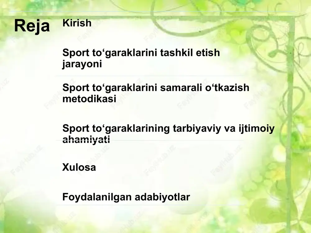 yorgarlik darajasiga qarab amalga oshirilishi zarur. turli sport turlari o‘ziga xos xususiyatlarga ega bo‘lib, ularning har biri jismoniy faollikni rivojlantirishda alohida yondashuvni talab etadi. sport to‘garaklarini samarali o‘tkazish metodikasi o‘quvchilarning jismoniy rivojlanishiga individual yondashuv sport to‘garaklarining samaradorligini belgilovchi asosiy omil hisoblanadi. har bir o‘quvchining yoshi, jinsi, sog‘lig‘i va qiziqishlari farq qiladi, shuning uchun umumiy dasturni shaxsiylashtirish zarur. dastlab, o‘quvchilarning boshlang‘ich baholashini o‘tkazish lozim: antropometrik o‘lchovlar (bo‘y, og‘irlik, mushak massasi) va funktsional testlar (yugurish tezligi, sakrash balandligi) orqali ularning holati aniqlanadi. o‘quvchilarning jismoniy rivojlanishiga individual yondashuv musobaqalar va ko‘rik-tanlovlarni tashkil etish sport to‘garaklarining natijalarini ko‘rsatish va o‘quvchilarning raqobat ruhini shakllantirish uchun muhimdir. tartibni belgilashda birinchi navbatda maqsadni aniqlash kerak: o‘quvchilarning ko‘nikmalarini sinash yoki maktablararo musobaqa o‘tkazish. tashkilot jarayoni quyidagi bosqichlarga bo‘linadi: rejalashtirish, tayyorgarlik, o‘tkazish va tahlil. rejalashtirishda sana, joy va ishtirokchilar sonini belgilash lozim. musobaqalar va ko‘rik-tanlovlarni tashkil etish tartibi 10 sport to‘garaklarining tarbiyaviy va ijtimoiy ahamiyati sport to‘garaklari jamiyatdagi yosh …