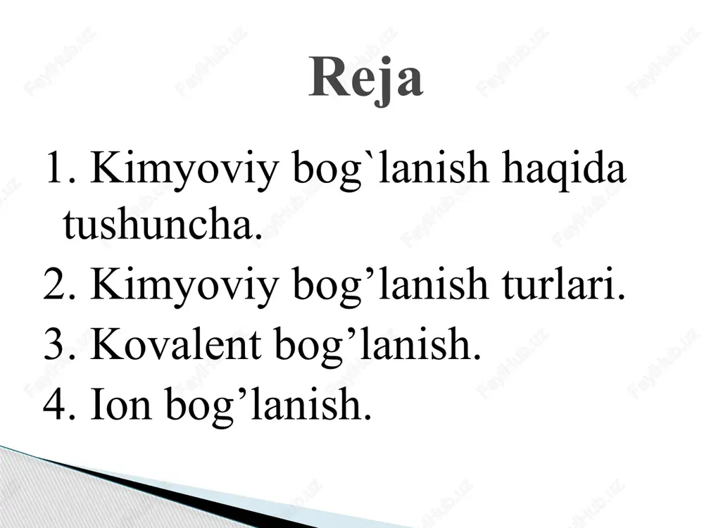 g’ energiyasi – atomlar orasidagi bog’ni uzish uchun kerak bo’ladigan energiya. kj/mol. bog’ energiyasi bog’ uzunligiga teskari proporsional, bog’ qancha uzun bo’lsa uning bog’lanish energiyasi shuncha kichik bo’ladi. ion bog’lanish qarama-qarshi zaryadli ionlar orasidagi o’zaro elektrostatik tortishuv kuchlari hisobiga vujudga kelgan bog’lanish. elektromanfiylik qiymati keskin farq qiladi. (1,8 dan katta.) 1 qattiqligi yuqori 2 suyuqlanish va qaynash temperaturalari yuqori 3 bog’lanish energiyasi yuqori 4 suvda yaxshi eriydi va dissotsilanadi ion bog’lanish mettal + metalmas na + 11 )2)8) 1 cl + 17 )2)8) 7 8 + – elektro statik tortishish na+ cl- ionlar metall bog’lanish nisbatan erkin elektronlarning metall ionlari bilan o’zaro ta’sirlashuvi natijasida hosil bo’ladigan bog’lanish. 1 plastik va bolg’alanuvchan 2 suyuqlanish va qaynash temperaturalari yuqori 3 elektr tokini juda yaxshi o’tkazadi 4 issiqlikni yaxshi o’tkazadi 5 metall yaltiroqlikka ega + + + + + + + + + + + + + + + + metall bog’lanish ion …