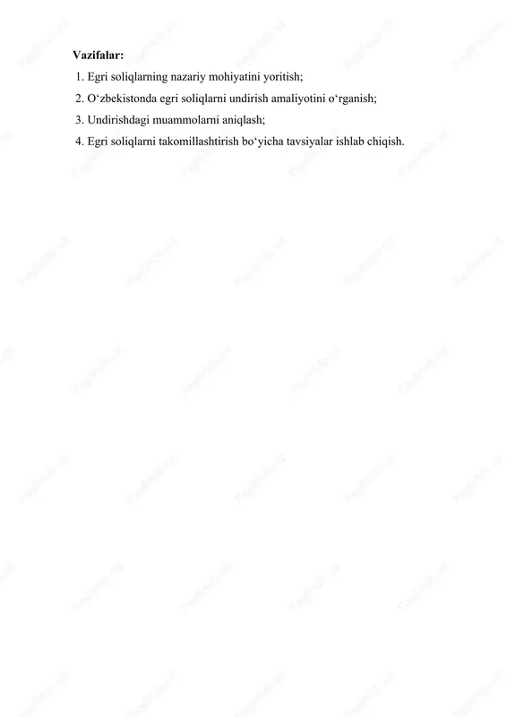 iyotini o‘rganish; 3. undirishdagi muammolarni aniqlash; 4. egri soliqlarni takomillashtirish bo‘yicha tavsiyalar ishlab chiqish. i bob. egri soliqlarning nazariy asoslari 1.1. egri soliqlarning iqtisodiy mohiyati: egri soliqlar – bu soliq to‘lovchining daromadiga emas, balki iste’mol qilayotgan tovar yoki xizmatiga solinadigan soliqlardir. ularning o‘ziga xosligi shundaki, soliq to‘lovchi sifatida iste’molchi bo‘lsa-da, soliqni byudjetga to‘lovchi sifatida korxona (ishlab chiqaruvchi yoki sotuvchi) qatnashadi. masalan, fuqarolar do‘kondan non yoki benzin sotib olayotganida, ularning narxiga allaqachon qqs yoki aksiz solig‘i kiritilgan bo‘ladi. shunday qilib, iste’molchi bilvosita davlat byudjetiga soliq to‘laydi. egri soliqlarning turlari: • qo‘shilgan qiymat solig‘i (qqs) – eng universal soliq turi bo‘lib, tovarlar va xizmatlar qiymatiga qo‘shiladi; • aksiz solig‘i – ayrim mahsulot turlariga, asosan, zararli yoki yuqori foyda keltiruvchi tovarlarga (tamaki, alkogol, benzin) solinadi; • bojxona bojlari – import-eksport jarayonida undiriladigan soliqlar; • ekologik yig‘imlar – atrof-muhitni muhofaza qilish maqsadida ayrim faoliyat turlariga solinadi. 1.2. egri soliqlarning ijtimoiy va fiskal ahamiyati: egri …