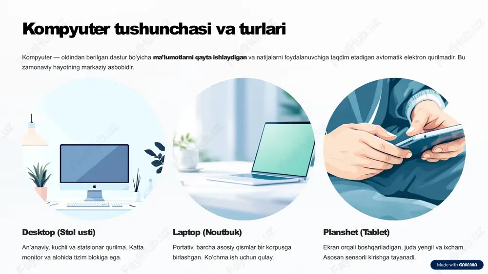 xotira, saqlash cpu, ram va hdd/ssd komponentlari onasi plata markaziy bogʻlovchi va boshqaruvchi sistemali blok asosiy korpus va himoya protsessor (cpu): barcha hisob-kitoblar va buyruqlarni bajaradigan kompyuterning "miyasi". operativ xotira (ram): vaqtinchalik ma’lumotlarni saqlash joyi, tezkor ishlash uchun muhim. qattiq disk (hdd/ssd): dasturlar va fayllar saqlanadigan doimiy xotira. ona plata: barcha komponentlarni bir-biriga bog‘laydigan asosiy elektron plata. 5 ulanish uskunalari: periferiya va aloqa kompyuterning imkoniyatlarini kengaytirish uchun turli xil tashqi (periferik) qurilmalar ulanadi. printer raqamli ma’lumotlarni qog‘ozga chiqarish (chop etish) uchun ishlatiladi. usb portlar universal seriyali shin (usb) – tashqi xotira va boshqa qurilmalarni ulash uchun eng keng tarqalgan interfeys. modem/router kompyuterning internet tarmog‘iga ulanishini ta’minlaydi. veb-kamera va mikrofon videokonferensiya va ovozli aloqa uchun zarur kirish qurilmalari. 6 kompyuterni yoqish va o‘chirish tartibi kompyuterni to‘g‘ri boshqarish qurilmaning uzoq muddat ishlashini ta’minlaydi. yoqish monitor va tizim blokining quvvat tugmasini bosing. ekranda dastlabki yuklanish (bios) va keyin operatsion tizim (windows/macos) logosi paydo …
