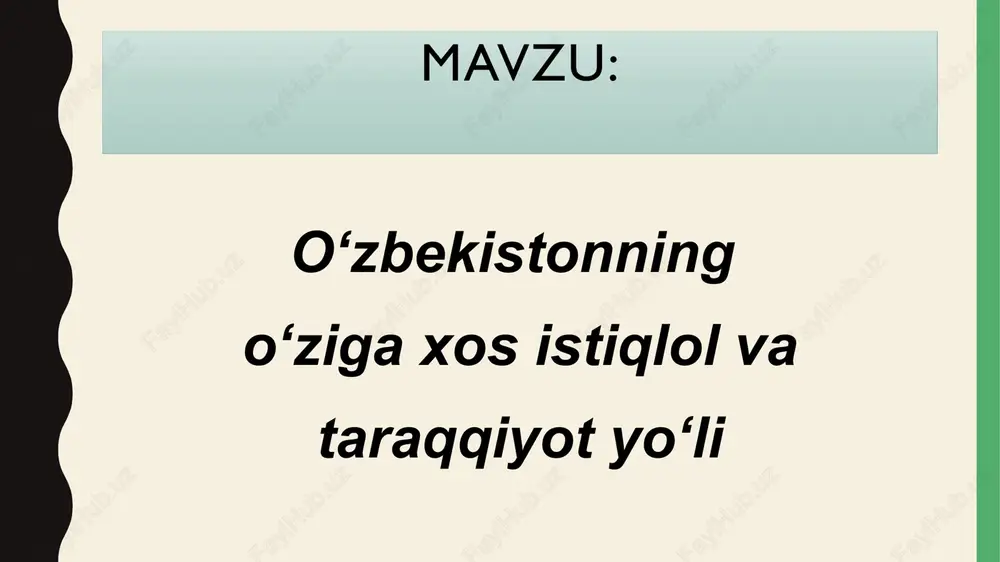 jamiyatdagi barqarorlikni saqlagan holda, islohotlarni bosqichma-bosqich amalga oshirish yo‘li edi. “o‘zbek modeli” — o‘zbekiston taraqqiyotining nazariy asoslari birinchisi. o’zining milliy – davlat manfaatlari ustun bo’gan xolda o’zaro manfaatlarni xar tomonlama xisobga olish. ikkinchisi. respublika odamlar va davlatlar o’rtasidaga o’zaro munosabatlarda umumba-shariy qadriyatlarni ustun qilib qo’yib, xalqaro maydonga tinchlik va xafsizlikni mustahkamlash uchun kurashadi. uchinchisi. respublikaning tashqi siyosati teng xuquq va o’zaro manfaatdorlik, boshqa mamlakatlarning ichki ishlariga aralashmaslik qoidalriga rioya qiladi. to’rtinchisi. mafkuraviy qarashlardan qatiy nazar tashqi siyosatda ochiq – oydinlik prin--siplarini ro’ypobga chiqarishga va barcha tinchliksevar davlatlar bilan keng tashqi aloqalrni o’r-natishga intiladi. beshinchishi. o’zining milliy – xuquqiy tizimini vujudga keltirayotgan yosh mustaqil o’z-bekiston ichki milliy qonunlaridan xalqaro xuquq normalarining ustuvorligini tan oladi. olitinchisi. o’zbekiston to’la ishonch prinsiplari asosida xam ichki tomonlama, xam ko’p tomonlama tashqi aloqalarni o’rnatish va rivojlantirish uchun xalqaro tashkilotlar doirasida xamkorlikni chuqurlashtirish uchun xarakat qiladi. bozor iqtisodiyotiga o`tishning tamoyillari «birinchi tamoyilimizda, — deb yozgan edi ia.karimov, …