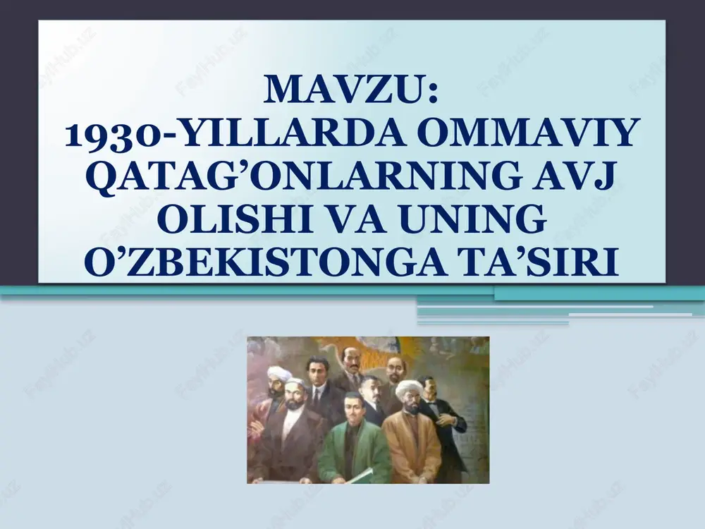 ing urf-odati,uni turmush tarzi,eng asosiysi o’lkadagi mavjud shart-sharoitni hisobga olmagan holda, o’ta yuqori sur’atlarda o’tkazildi. bunda o’zbekiston komfirqasining markaziy qo’mitasining 1930yil 17 fevralida qabul kilgash «jamoalashtirish va qoloq xo’jaliklarini tugatish to’g’risida» gi qarori ma’lum darajada rol o’ynaydi. chunki bu qarorda respublikada jamoalashtirishni 17 hududga bo’lib o’tkazish belgilanib, ularni muddatlari ham ko’rsatib qo’yilgan edi. ommaviy qatag‘onlarning sabablari va amalga oshirish mexanizmlari qatag‘onlarning asosiy sabablari quyidagicha edi: stalin tomonidan hokimiyatni to‘liq qo‘lga olish maqsadi; siyosiy raqiblarni yo‘qotish istagi; milliy ozodlik harakatlari va ziyolilar faoliyatidan qo‘rquv; jamiyatda qo‘rquv muhitini o‘rnatish orqali to‘liq itoatni ta’minlash. qatag‘on siyosatini amalga oshirishda nkvd (ichki ishlar xalq komissarligi) muhim rol o‘ynadi. ular odamlarni hech bir dalilsiz “xalq dushmani” deb e’lon qilib, sudsiz hibsga olib, surgun yoki otuv jazolariga hukm qilar edilar. bu holat 1937–1938-yillarda eng yuqori cho‘qqisiga chiqdi. qatag‘onlar davrida o‘zbekiston ziyolilari taqdiri o‘zbekistonda qatag‘onlar asosan milliy uyg‘onish harakati vakillari — “jadidlar”ga qarshi yo‘naltirilgan edi. ular xalqni ma’rifat, …