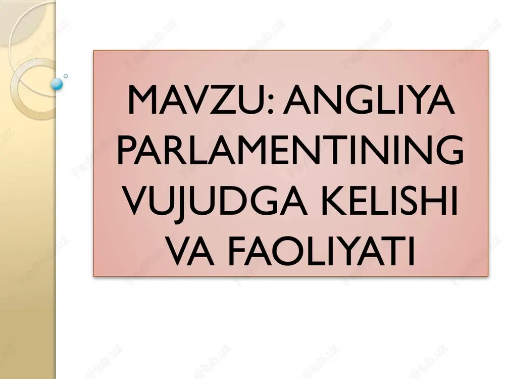 ziddiyat 1640–1649-yillardagi angliya inqilobiga sabab bo‘ldi. natijada qirol hokimiyati vaqtincha tugatilib, respublika e’lon qilindi. bu davrda parlament hokimiyatining ustuvorligi g‘oyasi mustahkamlandi. 1688-yildagi “shonli inqilob”dan so‘ng qabul qilingan huquqlar to‘g‘risidagi bill (1689) esa parlamentning siyosiy vakolatlarini qonuniy mustahkamlab berdi. parlamentning tuzilishi va asosiy funksiyalari angliya parlamenti ikki palatadan iborat bo‘lib, ularning vakolatlari va funksiyalari farq qiladi: lordlar palatasi – qonun loyihalarini ko‘rib chiqadi, maslahatchilik va nazorat vazifasini bajaradi. jamoatlar palatasi – qonunlarni qabul qiladi, byudjetni tasdiqlaydi, hukumat faoliyatini nazorat qiladi. parlamentning asosiy funksiyalari quyidagilardan iborat: qonun chiqarish; hukumat ustidan siyosiy nazorat; mamlakat byudjetini shakllantirish va tasdiqlash; fuqarolarning manfaatlarini ifodalash va himoya qilish. xulosa angliya parlamentining vujudga kelishi va rivojlanish tarixi insoniyatning siyosiy taraqqiyotida muhim bosqich bo‘lib, demokratik boshqaruvning poydevorini yaratgan. uning faoliyati orqali davlat hokimiyatining bo‘linishi, xalq vakillarining ishtiroki va fuqarolik jamiyatining shakllanishi ta’minlangan. bugungi kunda ham angliya parlamenti dunyoda erkinlik, qonun ustuvorligi va siyosiy barqarorlik ramzi sifatida qadrlanadi. mavzu: fransiya …