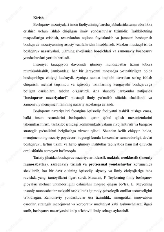 t unumdorligini oshirishni maqsad qilgan bo‘lsa, e. meyoning insoniy munosabatlar maktabi tashkilotda ijtimoiy-psixologik omillar ustuvorligini ta’kidlagan. zamonaviy yondashuvlar esa tizimlilik, sinergetika, innovatsion qarorlar, strategik menejment va korporativ madaniyat kabi tushunchalarni ilgari surib, boshqaruv nazariyasini ko‘p o‘lchovli ilmiy sohaga aylantirdi. bugungi globallashuv sharoitida raqobat keskinlashar ekan, boshqaruv nazariyalarini chuqur o‘rganish nafaqat nazariy, balki amaliy ahamiyat kasb etadi. tashkilotlar uchun barqarorlashuv, moslashuvchanlik va innovatsion rivojlanish omillari aynan samarali boshqaruv konsepsiyalariga tayanadi. shu bois boshqaruv nazariyalarining evolyutsiyasini, ularning asosiy g‘oya va tamoyillarini ilmiy jihatdan puxta tahlil qilish mazkur tadqiqotning dolzarbligini belgilaydi. mazkur mavzuning dolzarbligi shundaki, u: · zamonaviy iqtisodiy boshqaruv mexanizmlarining nazariy asosini yaratadi; · rahbar va menejerlar uchun strategik qarorlar qabul qilish mezonlarini ishlab chiqadi; · inson omilini markazga qo‘ygan yangi boshqaruv paradigmasini shakllantiradi. demak, boshqaruv nazariyalarini o‘rganish – bu faqat o'tmishdagi fikrlarni tahlil qilish emas, balki kelajak boshqaruv modelini yaratish uchun zarur bo‘lgan ilmiy poydevorni shakllantirishdir. boshqaruv nazariyasining mohiyati va ahamiyati …