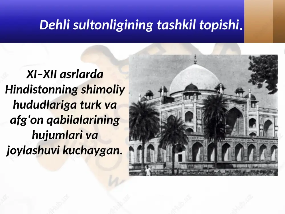 yazliklarga bo‘linib ketadi. oradan o‘n yilcha vaqt o‘tib sayyidlar sulolasi (1414–1451) taxtga keladi. sayyidlar sulolasini afg‘on qabilalari sardori bahlul lo‘diy (1451–1489) taxtdan tushiradi. uning nabirasi ibrohim lo‘diy zahiriddin muhammad boburga qarshi kurashadi. savol va topshiriqlar 1. dehli sultonligi qachon va kim tomonidan tuziladi? 2. hindistonda yer egaligining qanday turlari mavjud bo‘lganini aytib bering. 3. dehli sultonligida xiv asrda qanday islohotlar o‘tkazildi? 4. sohibqiron amir temurning hindistonga yurishini eslang va so‘zlab bering. image1.jpeg image3.jpeg image4.jpeg image5.png image6.jpeg image7.jpeg image8.jpeg image9.jpeg image10.jpeg image11.jpeg image12.jpeg image13.jpeg image14.jpeg image15.jpeg image16.jpeg image2.jpeg /docprops/thumbnail.jpeg