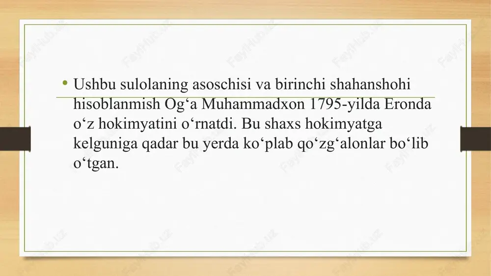 ishlatishdan keladigan daromadning uchdan bir qismi hamda telegramma joʻnatish uchun imtiyozli tarif berildi. toʻqqizta asosiy telegraf liniyasidan faqat ikkitasi eron hukumati tomonidan nazorat qilingan, yana ikkitasi ruslar, qolganlari esa inglizlar tomonidan boshqarilgan. britaniya rasmiylari tomonidan boshqariladigan va fors soqchilari tomonidan qoʻriqlanadigan, britaniya hukumati tomonidan toʻlanadigan telegraf xizmati eronda britaniya ta’sirini kuchaytirish vositasi edi. erondagi islohotlarning eng faol tarafdori mirzo togixon edi. mirzo muhammad togi xon farahoniy (1808-1852). muhammad togi fors iroq hukmdori iso farahoniy oilasida oshpaz boʻlgan mahmud qurbon karbalayning oʻgʻli edi. iso farahoniy taxt vorisi abbos-mirzo qoshidagi kaem-maqom lavozimiga tayinlangach, m.k. muhammad tagi kaem-maqom farzandlari va nabiralari bilan birga tarbiyalangan, bolaligidan taxt vorisi va boʻlajak shoh nosir ad-din bilan tanish boʻlgan. keyingi humdorlar muhammad alishoh va sulton ahmadshoh davrida demokratik kayfiyatdagi qo‘zg‘alon , mitinglar bo‘lib o‘tdi. 10. shu tariqa 1925 -yilda milliy majlis sulton ahmadshohdan hokimyatni olib rizohon pahlaviyga topshirildi shundan keyin 12 dekabrda rizoxon tarafdorlaridan iborat bo‘lgan ta’sis …