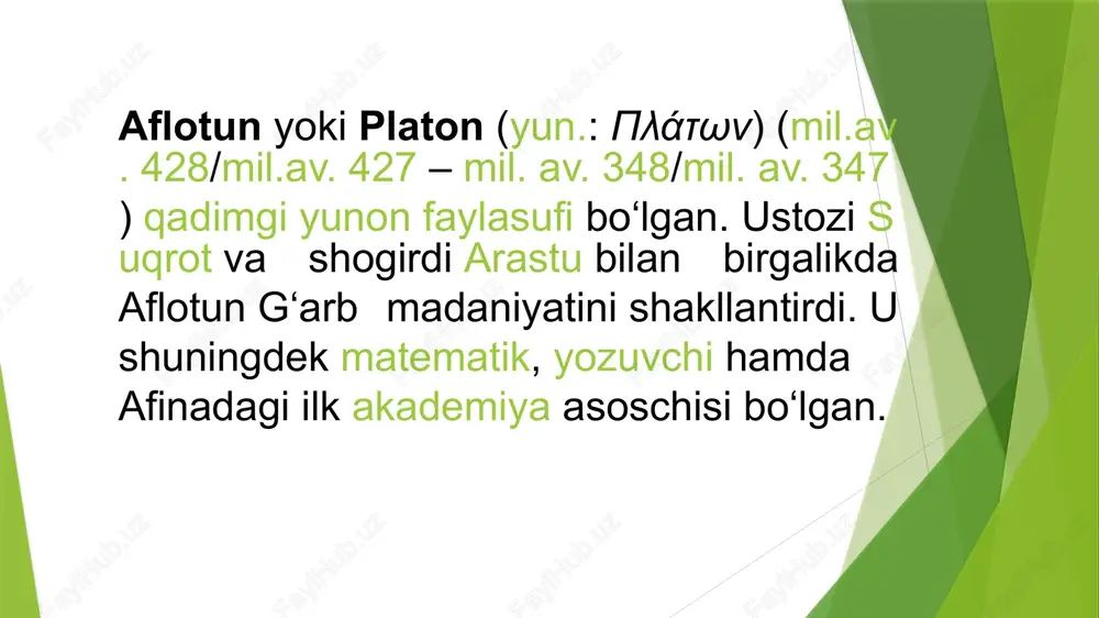 dosga boʻlgan muhabbat (eros) maʼnaviy yuksalishga undaydigan sababdir. platon pedagog va tarbiya nazariyotchisi sifatida ham mashhur. fuqarolarni tarbiyalash davlatning asosiy vazifalaridan deb hisobladi. uning fikricha, bolalar hayotining birinchi kunidanoq maxsus muassasalarda tarbiyalanishi kerak: 3–7 yoshda oʻyinlar maktablaridagi uylar yoki bogʻchada taʼlim olishi; 7–17 yoshda maktabda yozuv, oʻqish, musiqani oʻrganishi; 17–20 yoshda harbiy-gimnastik taʼlim olishi; 20–30 yoshda kelajakda hukmdor uchun zarur boʻlgan falsafiy taʼlim olishi lozim. platonning qarashlarida jamiyat, davlat toʻgʻrisidagi taʼlimot markaziy oʻrinlardan birini tashkil qiladi. u davlat fuqarolarini 3 tabaqaga boʻlgan: 1-tabaqa – davlatni boshqarib turadigan donishmand hukmdorlar; 2-tabaqa – davlatni dushmandan himoya qiladigan harbiylar; 3-tabaqa – davlatni va yuqoridagi 2 ta-baqani moddiy jihatdan taʼminlab turadigan deqqonlar va hunarmandlar. platon davlat boshqaruv shaklini oliy hokimiyat tanho amalga oshiriladigan monarxiyata, tor doiradagi cheklangan shaxslar tomonidan amalga oshiriladigan aristokrashiyaga, butun xalq hokimiyatni boshqaradigan demokratiyaga ajratadi. platon to'rtta asosiy fazilatni farq kiladi: donishmandlik, mardlik, aql bilan ish qilish va eng asosiysi – …