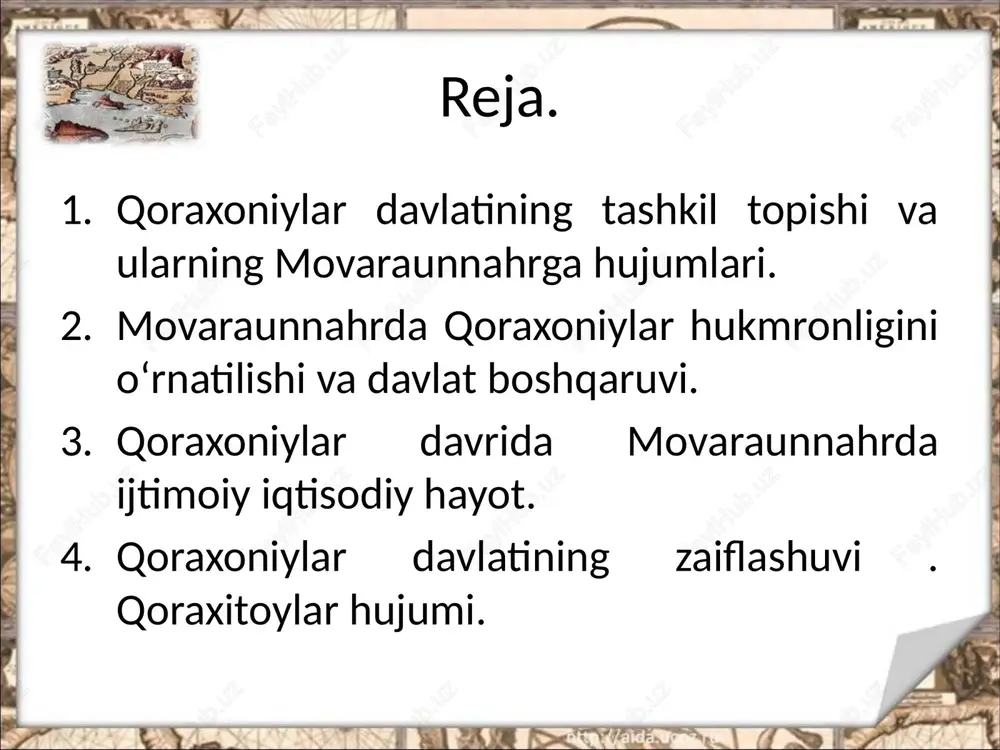ga bo‘lib idora qilardilar. ularni eloqxon yoki takin (yoki tegin)lar boshqarardilar. qoraxoniylar davlat boshqaruvida somoniylarga nisbatan boshqacharoq shaklini joriy etishga harakat qildilar. qoraxoniylarda taxt somoniylar kabi bevosita otadan o‘g‘ilga emas , balki akadan ukaga keyin sulolaning navbatdagi vakiliga o‘tgan. qoraxoniylarda 2 ta poytaxti bo‘lgan,ular bolasog‘un va qoshg‘ar edi .xoqon ular birida turib davlatni idora etgan . qishloq xo‘jaligidagi ahvol. qoraxoniylarning tazyiqi oqibatida mulkdor dehqonlar jon saqlash maqsadida o‘z yerlarini tashlab ketishga majbur bo‘ladilar. yirik yer egalari bo‘lgan dehqonlarning mavqeyi qoraxoniylar davrida sezilarli darajada pasaya boshladi qoraxoniylar davrida oddiy xalq budun , soliq to‘lovchi fuqarolar rayiyat , qabila boshliqlari bek , savdogarlar sart deb atalgan. qoraxoniylar zamindorlar yerlarini tortib olib lashkarboshilarga shartli ravishda foydalanishga berganlar. tarixiy manbalarda bunday yerlar “iqto” ulrning egasi “iqtodor” sifatida keltirilgan. qoraxoniylar movarounnahrni bosib olgach bu erdagi ijtimoiy- siyosiy hayotda katta o`zgarishlar sodir bo`lganligi bois, qoraxoniylar o`z davlatlarini viloyatlarga bo`lib tashlaydilar. movarounnahr viloyatining poytaxti samarqand, farg`onaniqi esa …