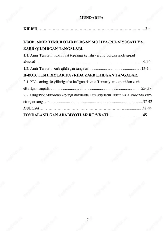 oteref:1] [1: mirziyoyev sh. milliy taraqqiyot yo`limizni qat’iyat bilan davom ettirib, yangi bosqichga ko`taramiz. t; “o’zbekiston” 2017. -b. 29.] amir temur buyuk davlat arbobi, ulug’ hukumdor, diplomat, iqtisodchi, islohotchi, olijanob shaxs, fan va madaniyat homiysi sifatida xiv asr oxiri va xv asr boshlaridayoq sharqu g’rbda mashhur edi. amir temur va uning sulolasi tomonidan zarb qilingan turli qiymatdagi tangalar pul sifatida nafaqat ushbu mamlakat hududida, balki boshqa qo’shni davlatlarda ham to’lov va muomala vositasi bo’lib xizmat qilgani, o’sha davrda pul chiqarish va uning muomalasini tartibga solish bilan bog’liq joriy etilgan qoidalar, xizmatlar mohiyatini imkon qadar ochib berish mavzuni dolzab jihati hisoblanadi. ishning maqsad va vazifalari mazkur ishning maqsadi amir temur davlatida moliya-pul siyosati tarixini o’rganish va tahlil qilishdan iborat. asosiy maqsaddan kelib chiqib, mazkur ishda quyidagi vazifalar asosiy vazifalar tarzida belgilab olindi: - amir temurni hokimiyat tepasiga kelishi va olib borgan moliya-pul siyosatini yoritib berish; - amir temurni zarb qildirgan tangalar …