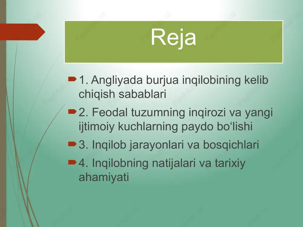 ojlandi, dengiz kuchlari mustahkamlandi. 1688-yilda yuz bergan “shonli inqilob” angliyada qon to‘kilmasdan monarxiyani cheklab, konstitutsiyaviy monarxiya asoslarini yaratdi. bu jarayon parlamentning siyosiy kuch sifatida mustahkamlanishiga olib keldi. siyosiy islohotlar inqilobdan so‘ng angliyada hokimiyat tarmoqlari o‘rtasida muvozanat o‘rnatildi. parlament va qirollik vakolatlari aniq belgilandi. fuqarolarning siyosiy huquqlari va erkinliklari kengaytirildi. ijtimoiy-iqtisodiy natijalar burjua inqilobi natijasida kapitalistik ishlab chiqarish shakllari rivojlandi. savdo-sanoat sohasida o‘sish kuzatildi, xalqning ijtimoiy faolligi ortdi. feodal tizimning asoratlari bartaraf etildi. inqilobning jahon tarixidagi ahamiyati angliyadagi burjua inqilobi demokratik boshqaruv, konstitutsiyaviy monarxiya va inson huquqlari g‘oyalarining shakllanishida muhim o‘rin tutdi. bu tajriba keyinchalik boshqa yevropa mamlakatlariga ham ta’sir ko‘rsatdi. xulosa angliya burjua inqilobi — insoniyat tarixida siyosiy erkinlik va iqtisodiy taraqqiyot sari tashlangan muhim qadamlardan biridir. u jamiyatda demokratiya, qonun ustuvorligi va parlament tizimi g‘oyalarining shakllanishiga xizmat qildi. foydalanilgan adabiyotlar 1. karimov i.a. tarixiy xotirasiz kelajak yo‘q. – toshkent: o‘zbekiston, 1998. 2. o‘zbekiston tarixi (akademik nashr). – toshkent: fan, …