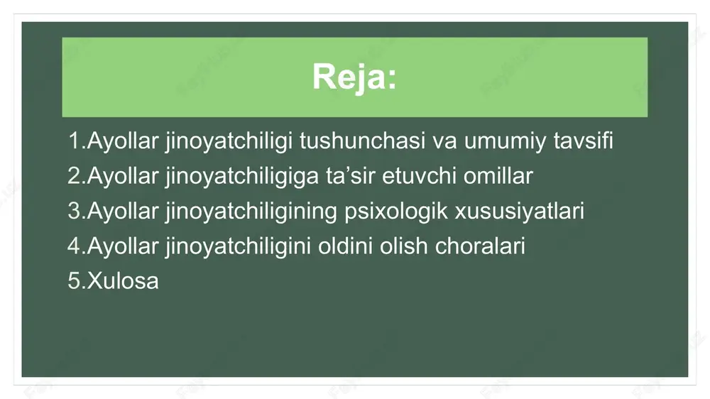 k jihatdan ayollar jinoyatchiligi quyidagicha xususiyatlarga ega: motivlarning hissiyligi – jinoyat sababini his-tuyg‘ular belgilaydi. himoya reaksiyasi – ayol o‘zini yoki farzandini himoya qilish uchun jinoyat sodir etadi. ijtimoiy rolning o‘zgarishi – ayollar erkaklarga xos faoliyat turlarida ishtirok etgani sari ularning jinoyat turlari ham kengaymoqda. stress va ruhiy bosim – ayol kishi ruhiy bosim ostida bo‘lsa, u muvozanatini yo‘qotadi va xatoga yo‘l qo‘yadi. ko‘pchilik jinoyatchi ayollar o‘z harakatini keyinchalik afsus bilan qabul qiladi, bu esa ularning axloqiy refleksiyasi yuqoriligini ko‘rsatadi. ayollar jinoyatchiligini oldini olish choralari ayollar jinoyatchiligini kamaytirish uchun avvalo ijtimoiy himoya tizimini mustahkamlash, ayollar bandligini oshirish, ruhiy yordam markazlarini tashkil etish zarur. shuningdek, psixologik maslahat xonalari, oilaviy nizolarni bartaraf etish markazlari, zo‘ravonlikdan himoya qilish xizmatlari faoliyatini kuchaytirish lozim. ta’lim tizimida ham ayollarni huquqiy savodxonlikka, emotsional barqarorlikka o‘rgatish, oilaviy qadriyatlarni mustahkamlash muhimdir. jinoyat sodir etgan ayollar bilan ishlashda esa reabilitatsiya dasturlari, psixoterapiya, kasbga qayta tayyorlash muhim ahamiyatga ega. xulosa ayollar jinoyatchiligi …