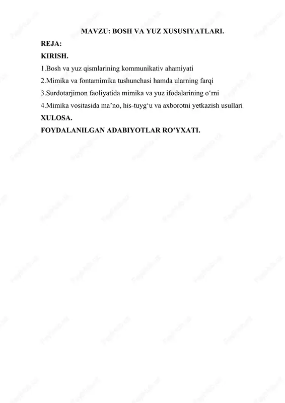 batini ifodalovchi tabiiy vosita hisoblanadi. ayniqsa, inson yuzida aks etadigan mimika belgilarining xilma-xilligi va aniqligi muloqot samaradorligini oshiradi. yuz – bu inson ruhiyatining ko‘zgusi bo‘lib, u orqali shaxsning ichki dunyosi, hissiy holati, fikrga bo‘lgan munosabati osonlikcha seziladi. har bir insonda yuz ifodalari o‘ziga xos bo‘lib, ularning o‘zgarishi orqali quvonch, g‘azab, hayrat, shubha, qo‘rquv yoki nafrat kabi his-tuyg‘ularni farqlash mumkin. yuzdagi mushaklar harakati, ko‘zning qarash yo‘nalishi, qoshlarning ko‘tarilishi yoki pasayishi, lablarning qiyofasi kabi belgilar shaxsning emotsional holatini ifodalovchi asosiy belgilar sifatida namoyon bo‘ladi. bosh esa insonning e’tiborini qaratish, tasdiqlash yoki inkor etish kabi signallarni yetkazuvchi muhim vositadir. masalan, boshni qimirlatish yoki egish orqali inson rozi yoki noroziligini bildiradi. boshning biroz orqaga tortilishi kibr yoki ishonchsizlikni, oldinga engashishi esa e’tibor va qiziqishni ifodalaydi. yuz ifodalarining o‘zgarishi esa muloqotdagi ichki holatni yanada chuqurroq ko‘rsatadi. shunday qilib, bosh va yuz qismlarining kommunikativ ahamiyati ularning tabiiy va instinktiv tarzda axborot uzatish qobiliyatiga tayanadi. bu vositalar …