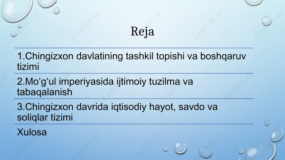 imiyati ostida birlashtirib, “buyuk xon” – ya’ni chingizxon unvonini oldi. shu yildan boshlab mo‘g‘ul imperiyasi tarix sahnasiga chiqdi.chingizxon davlatining tashkil topishi o‘ziga xos siyosiy tizim va boshqaruv shakllari bilan ajralib turardi. u markazlashgan boshqaruvni yo‘lga qo‘ydi, qat’iy qonun-qoidalar majmuasini – “yoso” deb atalgan qonun tizimini yaratdi. bu qonunlar orqali tartib-intizom, sadoqat va adolat tamoyillari kuchaytirildi. harbiy tizim esa o‘nlik, yuzlik, minglik va tumanlik birliklariga bo‘lingan bo‘lib, bu tartib harbiy boshqaruvning yuqori darajada samarali bo‘lishini ta’minladi.mo‘g‘ul imperiyasining kuchayishida chingizxonning harbiy strategiyasi va diplomatik siyosati katta ahamiyat kasb etdi. u o‘z raqiblariga nisbatan harbiy kuch bilan bir qatorda diplomatik yo‘llarni ham qo‘llay olgan xon o‘z qo‘shinlarini doimiy tayyorgarlikda saqlab, intizomni kuchaytirgan. har bir jang oldidan razvedka ishlari olib borilgan, jang taktikasi hududning relefiga, dushman soniga va iqlim sharoitiga qarab belgilanardi.chingizxon o‘z davrida sharq va g‘arb o‘rtasidagi iqtisodiy va madaniy aloqalarni kengaytirdi. u xitoy, markaziy osiyo, eron, kavkaz va sharqiy yevropaga yurishlar olib …