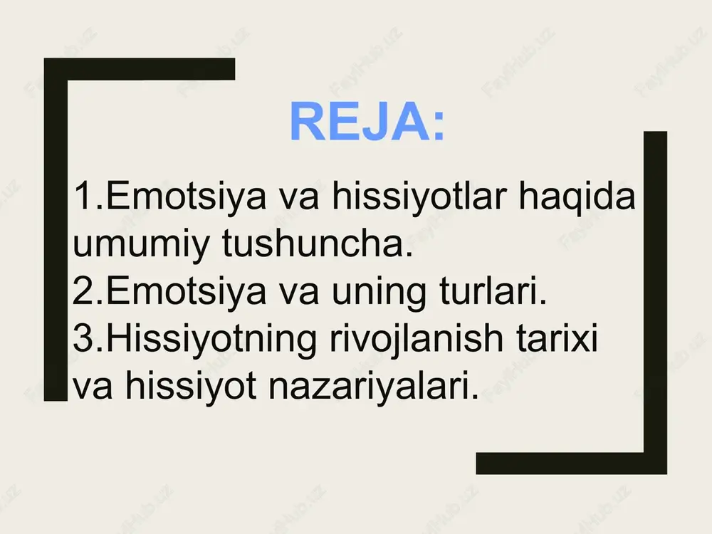 ishda, faoliyatning juda qiyin va mas`uliyatli damlarida vujudga keladi. frustrasiya tushkunlik, ma’lum maqsadga erishishda umidlarning parchalanishi bilan kechadigan inson muvaffaqiyatsizligining emotsional og`ir kechinmasi. bunday paytda odam tajang, jahldor bo`ladi. oqibatda odam nevroz kasaliga duchor bo`ladi. miya po‘stlog‘i emotsional holatlarni boshqarishda o‘ta muhim o`rin tutadi. i.p. pavlov tomonidan aynan, miya po‘stlog‘ining hissiyotlar kechishi va ifodalanishi, boshqarishi, tanada yuz beradigan barcha hodisalarni o‘z nazorati ostida ushlab turishi, po‘stloq osti markazlariga tormozlovchi ta’sir ko‘rsatishi, ularni boshqarishi ko‘rsatib o‘tilgan. hissiyot hissiyot arabcha “hissiyatun” – so`zidan olingan bo`lib, sezish, his qilish ma’nolarini anglatadi. hissiyot yuksak insoniy ehtiyojlarning qondirilishi yoki qondirilmaslgiga nisbatan munosabat sifatida vujudga keluvchi uzoq muddatli kechinma. hissiyotlar insonning narsa-hodisalarga, boshqa odamlarga bo‘lgan barqaror munosabatida namoyon bo‘ladi, ular konkret emotsiyalarda ro‘yobga chiqadi. xviii-xix asrlardan keyin intellektuallashtirish nuqtai nazari tarafdori i.f.gerbart – hissiyotlarning organik ifodalanishlari – bu psixik hodisalarning oqibati haqidagi dalildir va bunda tasavvur fundamental psixologik dalil hisoblanadi, degan fikrni ilgari surgan. v.vundt fikricha, …