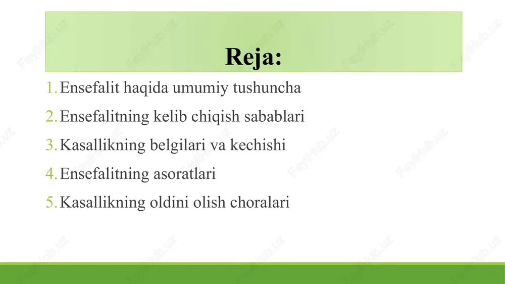 lgilarini oddiy shamollash bilan aralashtirib yuborish mumkin. ammo kasallik tezda og‘irlashadi. eng ko‘p uchraydigan belgilar quyidagilar: bosh og‘rishi va tana haroratining 38–40°c gacha ko‘tarilishi; ko‘ngil aynishi, qusish, umumiy holsizlik; ongning buzilishi, bemor hushidan ketishi yoki gapni tushunmay qolishi; tutqanoq (epileptik) xurujlar; harakat muvozanatining yo‘qolishi, falajlik; ko‘rish yoki eshitish qobiliyatining pasayishi; ruhiy o‘zgarishlar, g‘azab, qo‘rquv yoki gallyutsinatsiyalar. ensefalitning og‘ir holatlarida bemor komaga tushishi yoki nafas olish markazi faoliyatining to‘xtashi kuzatiladi. shuning uchun erta tashxis qo‘yish va davolash juda muhimdir. ensefalitning asoratlari ensefalit o‘z vaqtida davolanmasa, u miya tuzilmalarida qaytmas o‘zgarishlar qoldiradi. quyidagi asoratlar tez-tez uchraydi: miya faoliyatining buzilishi, xotira va diqqatning pasayishi; nutq va harakat muvofiqligining yo‘qolishi; ruhiy kasalliklar: depressiya, agressivlik, demensiya; bolalarda aqliy va jismoniy rivojlanishning orqada qolishi; eshitish yoki ko‘rish qobiliyatining pasayishi; epileptik tutqanoq xurujlarining doimiy bo‘lib qolishi; eng og‘ir hollarda o‘lim bilan yakunlanishi. kasallikdan keyin bemor uzoq muddatli reabilitatsiya davrini o‘taydi, u vaqt ichida jismoniy mashqlar, psixologik yordam …