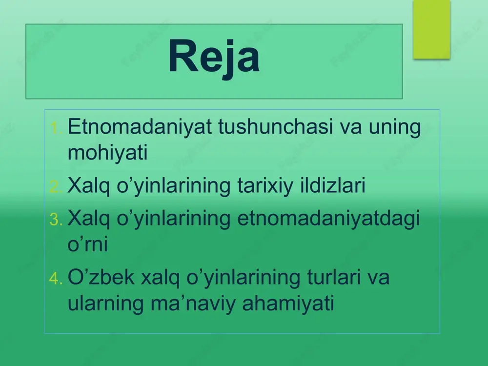 g o‘yinlari asosan mehnat jarayonini, tabiat bilan munosabatni, ijtimoiy hayotni ifodalagan. masalan, “ko‘pkari”, “kurash”, “chillak”, “qiz quvdi”, “olmaxon”, “ayyor qiz”, “tosh otish” kabi o‘yinlar o‘z tarixida xalqning turmush tarzini, jismoniy tayyorgarligini, estetik didini va jamoaviy ruhini ifodalab kelgan. shu sababdan xalq o‘yinlari — bu xalqning tarixiy xotirasi, milliy ongi va madaniyatining bir bo‘lagidir. xalq o’yinlarining etnomadaniyatdagi o’rni xalq o’yinlari etnomadaniyatning shakllanishida asosiy o‘rinlardan birini egallaydi. chunki o‘yinlar orqali millat o‘z tarixini, qadriyatlarini, axloqiy me’yorlarini, jismoniy tayyorgarligini va ma’naviy olamini avloddan-avlodga o‘tkazadi. etnomadaniyatning asosiy maqsadi — millatning o‘zligini saqlash va uni kelajak avlodga yetkazishdir. shu nuqtai nazardan xalq o‘yinlari madaniy meros sifatida bu maqsadga xizmat qiladi. ular xalq hayotining ajralmas qismi sifatida har bir avlodni milliy ruhda tarbiyalaydi. o’zbek xalq o’yinlarining turlari va ularning ma’naviy ahamiyati o‘zbek xalq o’yinlari juda xilma-xildir. ularni bir necha guruhlarga ajratish mumkin: jismoniy o’yinlar (kurash, ko‘pkari, arqon tortish, tosh ko‘tarish va boshqalar); aqliy o’yinlar (topishmoq, jumboq, …