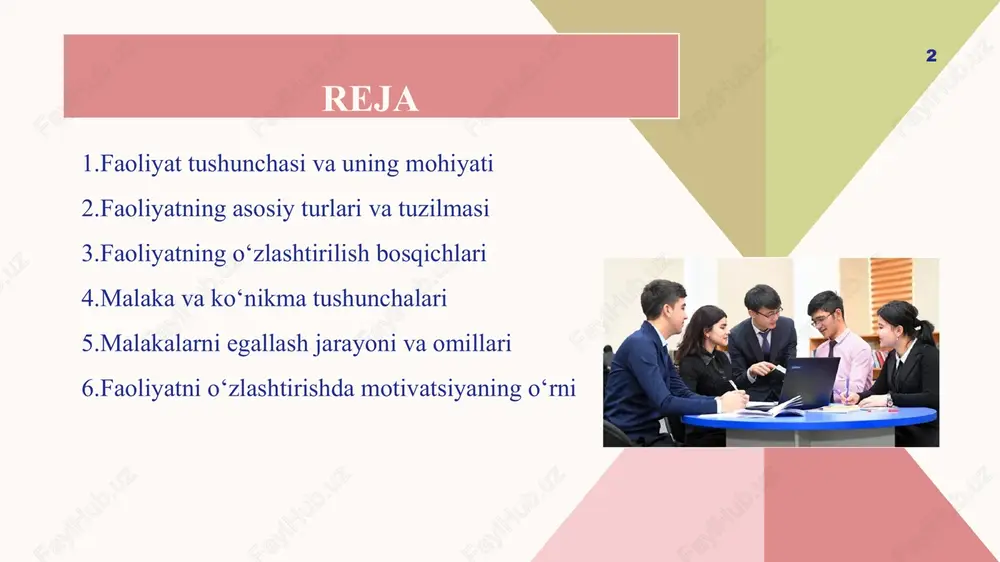 ati – insonning moddiy yoki ma’naviy mahsulot yaratishga qaratilgan faoliyati. ijodiy faoliyat – yangi, original g‘oyalar, mahsulotlar yoki yondashuvlarni yaratishga qaratilgan faoliyat. 5 faoliyatning tuzilmasi esa quyidagi qismlardan iborat: 6 maqsad – faoliyatning yo‘nalishini belgilovchi asosiy omil. motiv – faoliyatni rag‘batlantiruvchi ichki kuch. harakat – maqsadga erishish uchun bajariladigan amallar. vosita – faoliyatni amalga oshirish uchun zarur bo‘lgan asboblar, usullar yoki bilimlar. natija – faoliyat yakunida qo‘lga kiritilgan mahsul yoki tajriba. faoliyatning o‘zlashtirilish bosqichlari faoliyatni o‘zlashtirish murakkab jarayon bo‘lib, bir necha bosqichlarda amalga oshadi: bilish bosqichi – bu bosqichda inson yangi faoliyat turi bilan tanishadi, uning mazmuni va maqsadini tushunib oladi. ko‘nikma hosil qilish bosqichi – faoliyatni amalda sinab ko‘rish, dastlabki xatolar va muvaffaqiyatlar orqali o‘rganish. malakani shakllantirish bosqichi – faoliyatni avtomatlashtirish, ya’ni ongli harakatlarning tez, aniq va to‘g‘ri bajarilishi. ijodiy bosqich – o‘zlashtirilgan faoliyat asosida yangilik kiritish, mustaqil qaror qabul qilish va yangi yondashuvlar yaratish. bu bosqichlar bir-birini to‘ldiradi …