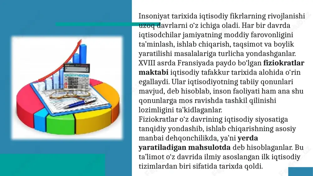 fiziokratlarning iqtisodiy qarashlari bir necha asosiy g‘oyalarni o‘z ichiga oladi: 5 tabiiy tartib g‘oyasi. iqtisodiyot tabiiy qonunlarga asoslanishi kerak, davlat bu tartibga aralashmasligi lozim. unumli mehnat – qishloq xo‘jaligi. faqat yer hosildorligi orqali yangi boylik yaratiladi. “iqtisodiy jadval” nazariyasi. bu kene tomonidan ishlab chiqilgan bo‘lib, milliy daromad aylanishini birinchi marta ilmiy tarzda ko‘rsatgan. “laisser faire, laisser passer” (“qo‘yib yubor, o‘tishiga ruxsat ber”) tamoyili – iqtisodiyotda erkinlik va bozorda davlat aralashuvining minimal darajada bo‘lishini ilgari suradi. fransua kene tomonidan 1758 yilda yaratilgan “iqtisodiy jadval” modeli iqtisodiy tahlil tarixida birinchi makroiqtisodiy model hisoblanadi. u jamiyatni uch sinfga bo‘lgan: unumli sinf (dehqonlar) – boylik yaratuvchilar. egalik qiluvchi sinf (yer egalari) – daromad oluvchilar. bevosita ishlab chiqarmaydigan sinf (hunarmandlar, savdogarlar) – mavjud boylikni aylantiruvchilar. 6 fiziokratlar davlat iqtisodiyotga minimal darajada aralashishi kerak deb hisoblaganlar. ularning fikricha: davlat erkin raqobat va bozor mexanizmlarini qo‘llab-quvvatlashi kerak. soliq siyosati adolatli bo‘lishi lozim: barcha soliqlar faqat yer egalari …