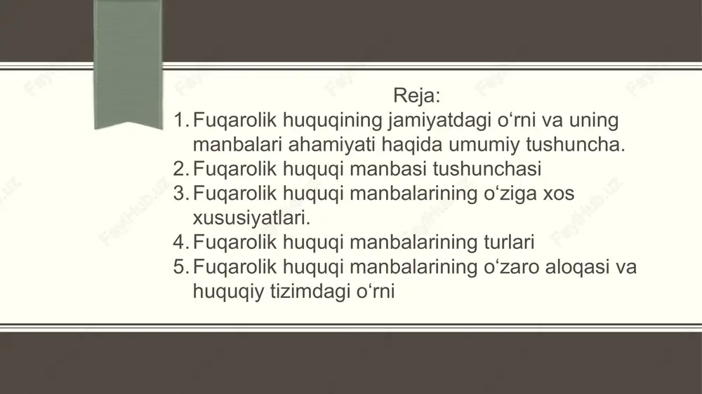 jihatdan mustahkamlaydi. fuqarolik huquqi manbalarining turlari o‘zbekiston respublikasi huquq tizimida fuqarolik huquqi manbalari bir nechta turga bo‘linadi. ular huquqiy kuchi va tatbiq etilish sohasiga qarab quyidagicha tasniflanadi: o‘zbekiston respublikasining konstitutsiyasi — bu mamlakatdagi barcha qonunlarning asosi va eng oliy huquqiy manbadir. 7 konstitutsiyaning 13-moddasida “inson, uning hayoti, erkinligi, sha’ni, qadr-qimmati va boshqa ajralmas huquqlari oliy qadriyat hisoblanadi”, deb belgilangan. shuningdek, mulkchilikning daxlsizligi, tadbirkorlik erkinligi, shaxsning huquq va manfaatlarini himoya qilishga oid normalar fuqarolik huquqining konstitutsiyaviy asosini tashkil etadi. 8 fuqarolik huquqining asosiy manbasi bu qonunlardir. eng muhimi — o‘zbekiston respublikasining fuqarolik kodeksi (1996-yil 29-avgustda qabul qilingan) bo‘lib, u fuqarolik huquqining umumiy va maxsus qismlarini o‘z ichiga oladi. bundan tashqari, quyidagi qonunlar ham muhim ahamiyatga ega: 9 “mulkchilik to‘g‘risida”gi qonun; “tadbirkorlik faoliyati erkinligi to‘g‘risida”gi qonun; “shartnomalar to‘g‘risida”gi qonun; “iste’molchilar huquqlarini himoya qilish to‘g‘risida”gi qonun; “davlat ro‘yxatidan o‘tkazish to‘g‘risida”gi qonunlar. oliy majlis va prezident hujjatlari o‘zbekiston respublikasi oliy majlisi tomonidan qabul qilingan …