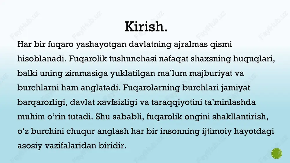 ida konstitutsiya va qonunlarga rioya qilishlari, davlat organlari va mansabdor shaxslarning qonuniy talablariga itoat etishlari lozim. o'zaro manfaatlar davlat va fuqarolar o'rtasidagi munosabatlar o'zaro manfaatlar asosida qurilishi kerak. fuqarolar davlatning qonuniy talablarini bajarsa, davlat ularning huquq va erkinliklarini ta'minlashi lozim. 6 fuqarolarning asosiy huquqlari va burchlari asosiy huquqlar konstitutsiya fuqarolarning shaxsiy erkinligi, fikr va e'tiqod erkinligi, o'z ona tilini erkin ishlatish, mehnat qilish, ta'lim olish, sog'liqni saqlash, ijtimoiy ta'minot oling kabi huquqlarini kafolatlaydi. asosiy burchlar konstitutsiya fuqarolarning vatanga sadoqat ko'rsatish, qonunlarga itoat etish, boshqa fuqarolarning huquq va erkinliklariga rioya qilish, soliq to'lash, harbiy xizmatni o'tash kabi asosiy burchlarini belgilaydi. huquq va burchlarning o'zaro bog'liqligi konstitutsiya fuqarolarning huquq va burchlarini bir-biri bilan uzviy bog'liq holda belgilaydi. fuqarolar o'z huquq va erkinliklarini amalga oshirish bilan bir qatorda burchlarini ham bajarishi lozim. huquq va burchlarning davlat tomonidan himoya qilinishi davlat fuqarolarning huquq va burchlarini konstitutsiya va qonunlar asosida himoya qilish, ularni amalga oshirish …