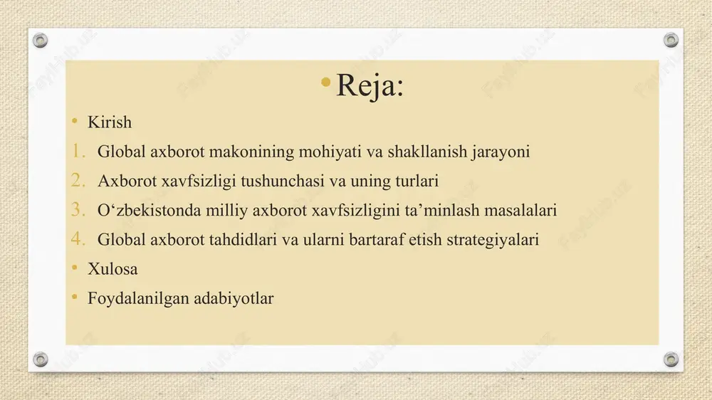 hilar nafaqat axborotni qabul qiladi, balki uni yaratishda ishtirok etadi; ommaviylik — axborot har kim uchun ochiq, keng ommaga taqdim etiladi. biroq bu imkoniyatlar bilan bir qatorda, axborot makonining global tus olishi ayrim muammolarni ham keltirib chiqarmoqda. jumladan, soxta axborotlar, kiberhujumlar, g‘oyaviy tazyiqlar, madaniy bosimlar va axborot orqali siyosiy manipulyatsiyalar tobora kuchaymoqda. axborot xavfsizligi tushunchasi va uning turlari axborot xavfsizligi — bu axborot resurslarini ruxsatsiz kirish, o‘zgartirish, yo‘qotish yoki buzilishdan himoya qilish tizimidir. har qanday davlat uchun axborot xavfsizligini ta’minlash — suverenitetni saqlash, mustaqillikni mustahkamlash va milliy manfaatlarni himoya qilishning muhim shartidir. axborot xavfsizligi uch asosiy yo‘nalishni o‘z ichiga oladi: texnik xavfsizlik — kiberhujumlar, viruslar, tarmoqdagi buzilishlardan himoya; huquqiy xavfsizlik — axborot sohasida qonunchilikni mustahkamlash, jinoyatlarga qarshi kurash; ma’naviy-axloqiy xavfsizlik — yoshlar ongiga salbiy g‘oyalar, destruktiv axborotlarning kirib kelishining oldini olish. axborot xavfsizligi — nafaqat texnologik, balki mafkuraviy masaladir. chunki axborot yordamida inson ongini boshqarish, ularning dunyoqarashiga ta’sir etish imkoniyati …