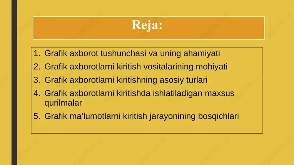 lgiyasida kompyuter grafikasi bilan ishlash eng ommobop yo’nalishlardan biri bo’lib bormoqda. hozirda bu yo’nalish bilan hatto professional rassom va dzaynerlar ham shug’ullanmoqda. ma'lumki inson axborotni eshitish va sezish a'zolariga nisbatan ko’rish a'zolari orqali oladi ko’rgazmali axborotning o’zlashtirilishi oson bo`ladi.. inson tabiatining ana shu xususiyati grafik operatsion tizimlarda ishlatiladi. ularda axborot grafik ob'ektlar: znachoklar (belgilar), oynalar va rasmlar ko’rinishida tasvirlanadi. operatsion tizimning barcha grafik ob'ektlari, shuningdek, boshqa barcha tasvirlar qandaydir yo’l bilan kompyuterda xosil qilinishi yoki unga kiritilishi kerak. grafik tasvirlarni kompyuterga kiritish uchun maxsus tashqi (atrof) qurilmalari ishlatiladi. eng ko’p tarkalgan qurilma — bu skanerdir. sunggi paytda raqamli fotokameralarning ham qo’llanish ko’lami kengayib bormoqda. ularning oddiy fotoapparatlardan farqi shundaki, tasvir kimyoviy yo’l bilan fotoplyonkaga tushirilmaydi, balki fotokamera xotirasining mikrosxemalariga yozib qo’yiladi. u erdan axborotni kabel orqali kompyuterga uzatish mumkin. ayrim raqamli fotoapparatlar ma'lumotlarni fayl sifatida egiluvchan diskka yozib qo’yish imkoniyatiga ham ega. diskdagi axborotni esa kompyuterga o’tkazish unchalik qiyin emasligini …