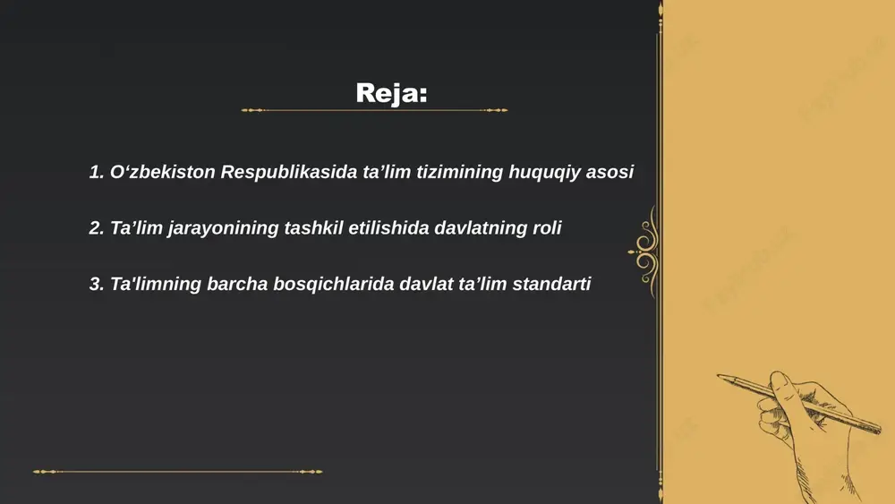 aydi. ushbu standartlar maktabgacha tarbiya, umumiy o‘rta ta’lim, kasb-hunar ta’limi va oliy ta’lim bosqichlarini qamrab oladi. ta’lim standartlari o‘zbekiston respublikasi vazirlar mahkamasi tomonidan tasdiqlanadi va xalqaro me'yorlarga mos ravishda ishlab chiqiladi. har uch yilda standartlar ko'rib chiqiladi va yangilanadi. bu standartlar orqali har bir ta’lim bosqichida o‘quv dasturlari, malaka talablarini belgilash va ularning ijrosini nazorat qilish amalga oshiriladi. ... t.me/slaydai_bot 4. taʼlim sifatini nazorat qilish va baholash - oʻzbekistonda taʼlim sifatini taʼminlash maqsadida davlat miqyosida koʻplab meʼyoriy hujjatlar qabul qilingan. oliy va oʻrta maxsus taʼlim muassasalarida sifatni nazorat qilish uchun "ta’lim sifatini nazorat qilish davlat inspeksiyasi" tashkil etilgan. har yili 1000 dan ortiq taʼlim muassasasi inspeksiya qilinadi. test sinovlari va monitoring tizimlari orqali talabalar bilimlari baholanadi. 2021-yilda 700 mingdan ziyod talaba davlat imtihonlariga jalb qilingan. sifat baholashda xalqaro amaliyotlardan foydalanilib, o'quv standartlari va natijalari muntazam ravishda tahlil qilinadi. ta'lim muassasalariga reyting berish tizimi ham joriy etilgan bo‘lib, bu orqali ularning …
