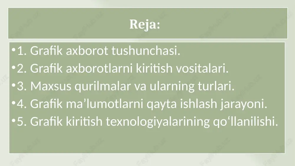 sababli ular ilmiy tadqiqotlar, dizayn va oav sohalarida muhim ahamiyatga ega. veb-kameralar veb-kamera real vaqt rejimida tasvirlarni kompyuterga uzatuvchi vosita hisoblanadi. ular videokonferensiyalar, onlayn ta’lim, xavfsizlik tizimlari va ijodiy loyihalarda ishlatiladi. veb-kameralar orqali grafik axborot oqimi to‘g‘ridan-to‘g‘ri internet tarmoqlariga uzatilishi mumkin. 3d skanerlar 3d skaner — bu uch o‘lchamli obyektning yuzasini raqamli modelga aylantiruvchi qurilma. u sanoat, tibbiyot, arxitektura, virtual haqiqat va o‘yin industriyalarida keng qo‘llaniladi. 3d skanerlash texnologiyasi real obyektlarni aniq nusxalash imkonini beradi. axborotni grafik shaklda ishlab chiqish, taqdim etish, ularga ishlov berish, shuningdek, grafik ob'ektlar va fayl­larda bo`lgan nografik ob'ektlar o`rtasida bog’lanish urnatishni informatikada kompyuter grafikasi deb atash qabul qilingan. maxsus kompyuter dasturlari xuddi bir varak oq qog’ozga qalam yoki ruchka bilan xar xil rasmlarni solish singari kompyuter ekranida sichkoncha yordamida rasm chizish, ya'ni tasvir tuzish, tuzatish va ularni harakatlantirish imkonini yaratdi. bu dasturlar rasm solish programmalari yoki grafik redaktorlar hisoblanib, ular yordamida rasmning elementlari boshqarib boriladi. …