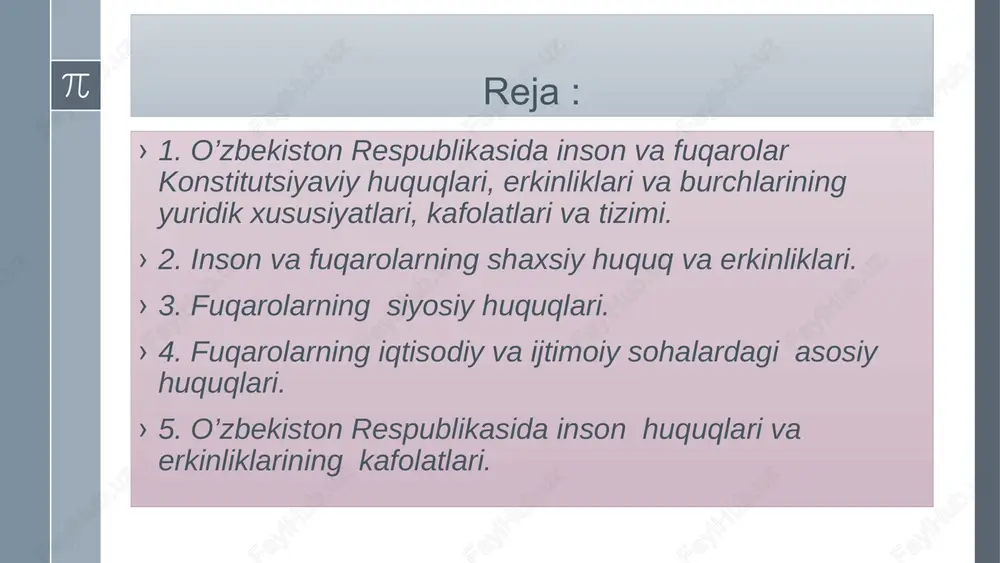 minsoniy printsiplarga asoslanadi, ularga ko‘ra inson, uning hayoti, erkinligi, sha’ni, qadr-qimmati va boshqa daxlsiz huquqlari oliy qadriyat hisoblanadi. o‘zbekistonda qisqa tarixiy muddat ichida milliy davlatchilikni shakllantirishning huquqiy asoslari yaratildi. mamlakatimiz barcha rivojlangan huquqiy davlatlardagi kabi uch hokimiyatga, ya’ni qonun chiqaruvchi, ijro etuvchi va sud hokimiyatiga taqsimlandi. xalq farovonligi yo‘lida kuchli huquqiy davlatdan fuqarolik jamiyati sari ildam qadam qo‘yish maqsadida erkin bozor munosabatlariga asoslangan kuchli iqtisodiyot barpo etildi. shu tariqa, yurtimiz xalqaro huquqning to‘laqonli va teng huquqli sub’ektiga aylandi. albatta, bularning barchasiga prezidentimiz islom karimovning jonkuyarligi, tashabbuskorligi va rahnamoligi evaziga erishildi. inson huquqlari va erkinliklarini muhofaza qilishning ta’sirli vositasini barpo etish, xalqaro tashkilotlar va huquqni muhofaza qiluvchi organlar bilan hamkorlikni kengaytirish, davlat muassasalari xodimlari va aholining inson huquqlari bo‘yicha madaniyatini oshirish maqsadida bmtning inson huquqlari va boshqaruv tizimini demokratiyalashni qo‘llab-quvvatlash dasturiga muvofiq, o‘zbekiston respublikasi prezidentining 1996 yil 31 oktyabrdagi farmoni bilan inson huquqlari bo‘yicha o‘zbekiston respublikasi milliy markazi tuzildi. farmonda inson …
