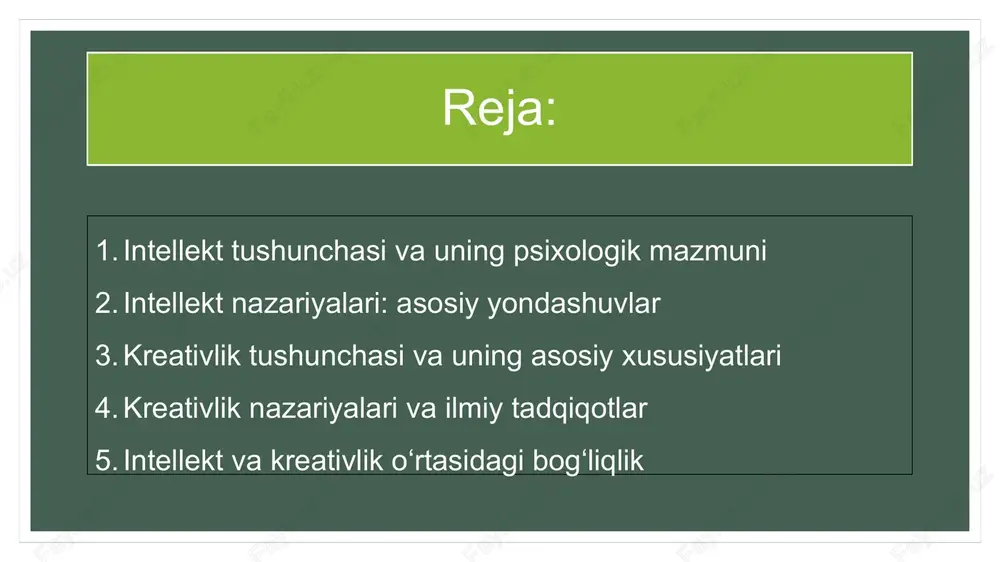 faoliyat turlarining asosida yagona umumiy intellekt mavjud. masalan, matematika, til, mantiq va san’atdagi muvaffaqiyatlar shu umumiy “g” omiliga bog‘liq. b) l. tornstonning “ko‘p omilli” nazariyasi tornston spirmen g‘oyasini rad etib, intellekt bir nechta mustaqil qobiliyatlardan iborat, degan. u verbal (so‘z), raqamli, fazoviy, xotira va tezlik kabi yetti turdagi intellektni farqlagan. c) g. gardnerning “ko‘p qirralik intellekt” nazariyasi gardner (1983) o‘zining mashhur “multiple intelligence theory”si orqali insonda 8 ta mustaqil intellekt turi mavjudligini ilgari surgan: lingvistik mantiqiy-matematik fazoviy musiqiy jismoniy-kinestetik shaxslararo (emosional) inson ichki (intrapersonal) tabiatshunoslik intellekti bu nazariya ta’lim tizimida individual yondashuvni rivojlantirishga katta hissa qo‘shgan. d) r. sternbergning “triarxik nazariya”si sternberg intellektni uch tarkibiy qismga bo‘ladi: analitik intellekt – muammolarni tahlil qilish, mantiqiy yechim topish. ijodiy intellekt – yangi g‘oyalarni ishlab chiqish. amaliy intellekt – bilimni hayotda qo‘llay bilish. ushbu yondashuv intellektni faqat test bilan o‘lchab bo‘lmasligini ta’kidlaydi. kreativlik tushunchasi va uning asosiy xususiyatlari “kreativlik” inglizcha “creativity” so‘zidan olingan …