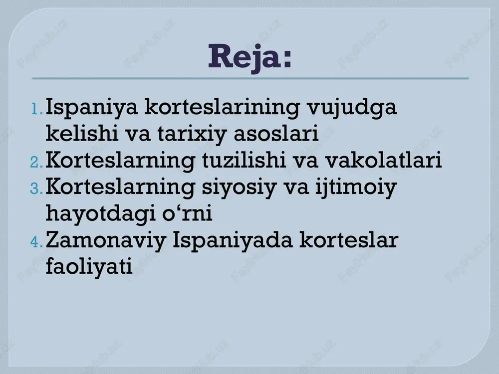 n kadis konstitutsiyasi korteslarni milliy vakillik organi sifatida mustahkamladi. ushbu konstitutsiya yevropadagi eng ilg‘or hujjatlardan biri bo‘lib, unda: xalq suvereniteti, hokimiyatning bo‘linishi, so‘z va matbuot erkinligi, saylov huquqi kabi g‘oyalar ilgari surilgan. korteslar ispaniyada siyosiy islohotlar, mustamlakachilik siyosatiga qarshi kurash va iqtisodiy o‘zgarishlarni amalga oshirishda muhim rol o‘ynagan. zamonaviy ispaniyada korteslar faoliyati bugungi kunda ispaniyada korteslar “kortes generales” deb ataladi va ular ikki palatadan iborat: deputatlar kongressi (congreso de los diputados) — quyi palata; senat (senado) — yuqori palata. kortes generales ispaniya konstitutsiyasining 1978-yilgi tahririga muvofiq, xalq tomonidan saylanadi va quyidagi vakolatlarga ega: qonunlarni ishlab chiqish va qabul qilish; hukumat faoliyatini nazorat qilish; davlat byudjetini tasdiqlash; xalqaro shartnomalarni ratifikatsiya qilish. shuningdek, korteslar ispaniya qirolining nomzodini tasdiqlash, bosh vazirni saylash va ishonchsizlik votumini bildirish huquqiga ega. zamonaviy korteslar demokratik boshqaruv tizimining asosi bo‘lib, ispaniyaning siyosiy barqarorligi va xalq vakilligining kafolati sifatida faoliyat yuritadi. xulosa ispaniya korteslari — nafaqat ispaniyaning, balki butun …